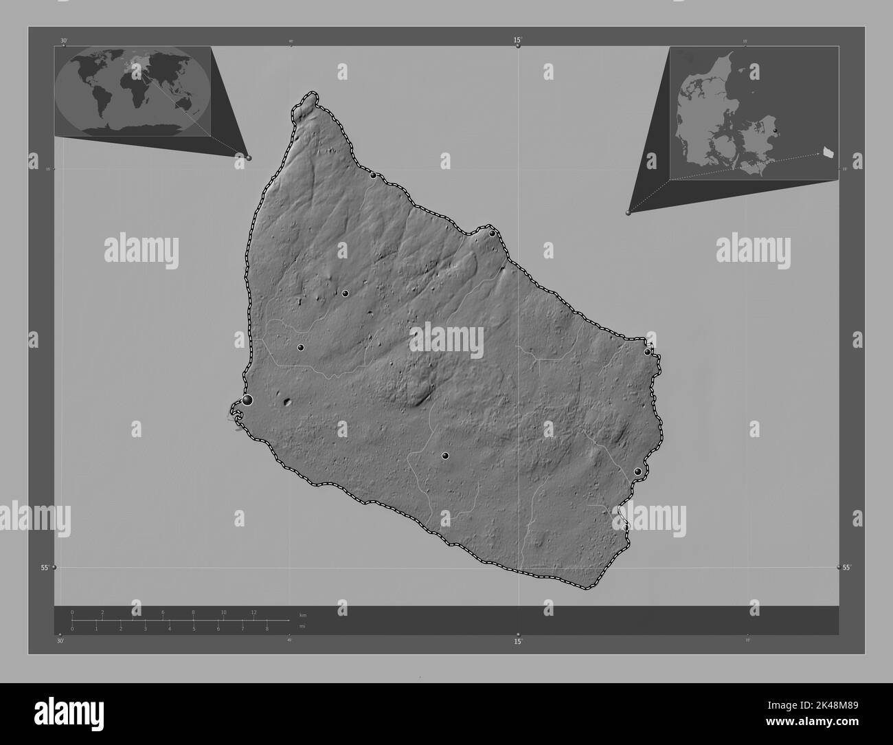 Bornholm, island of Denmark. Bilevel elevation map with lakes and