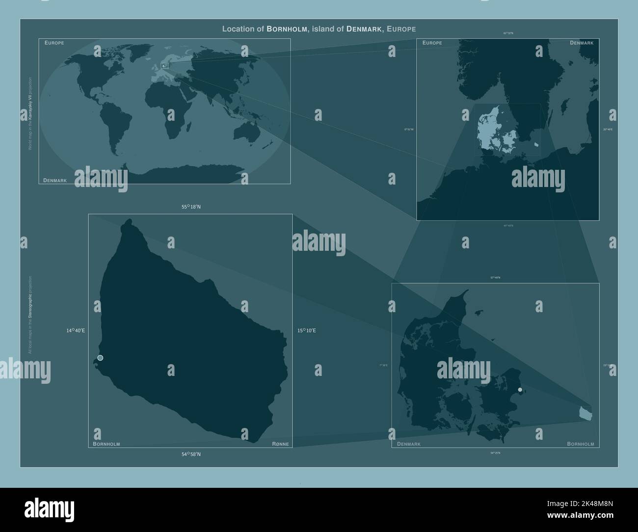 Bornholm, island of Denmark. Diagram showing the location of the region