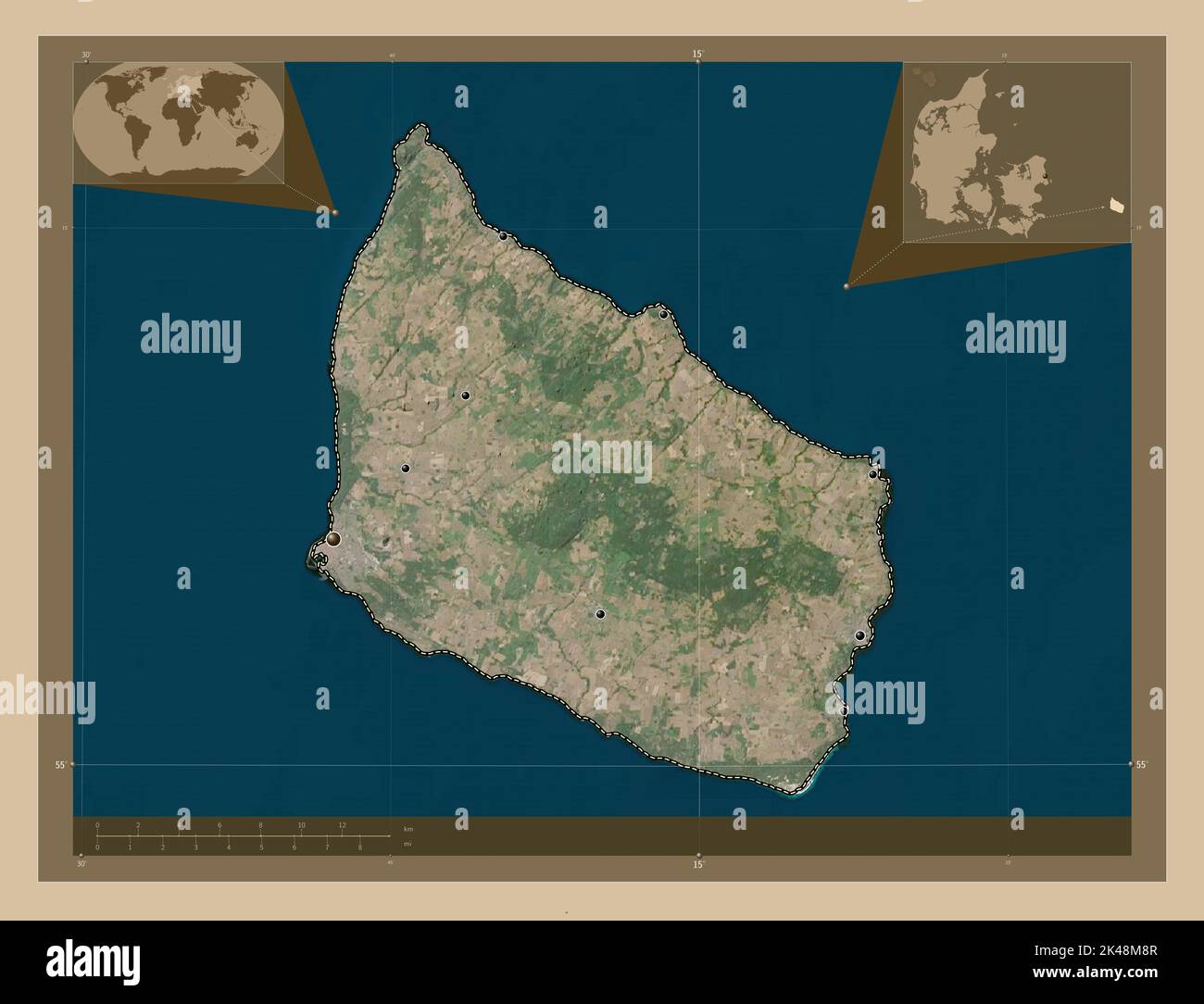 Bornholm, island of Denmark. Low resolution satellite map. Locations of