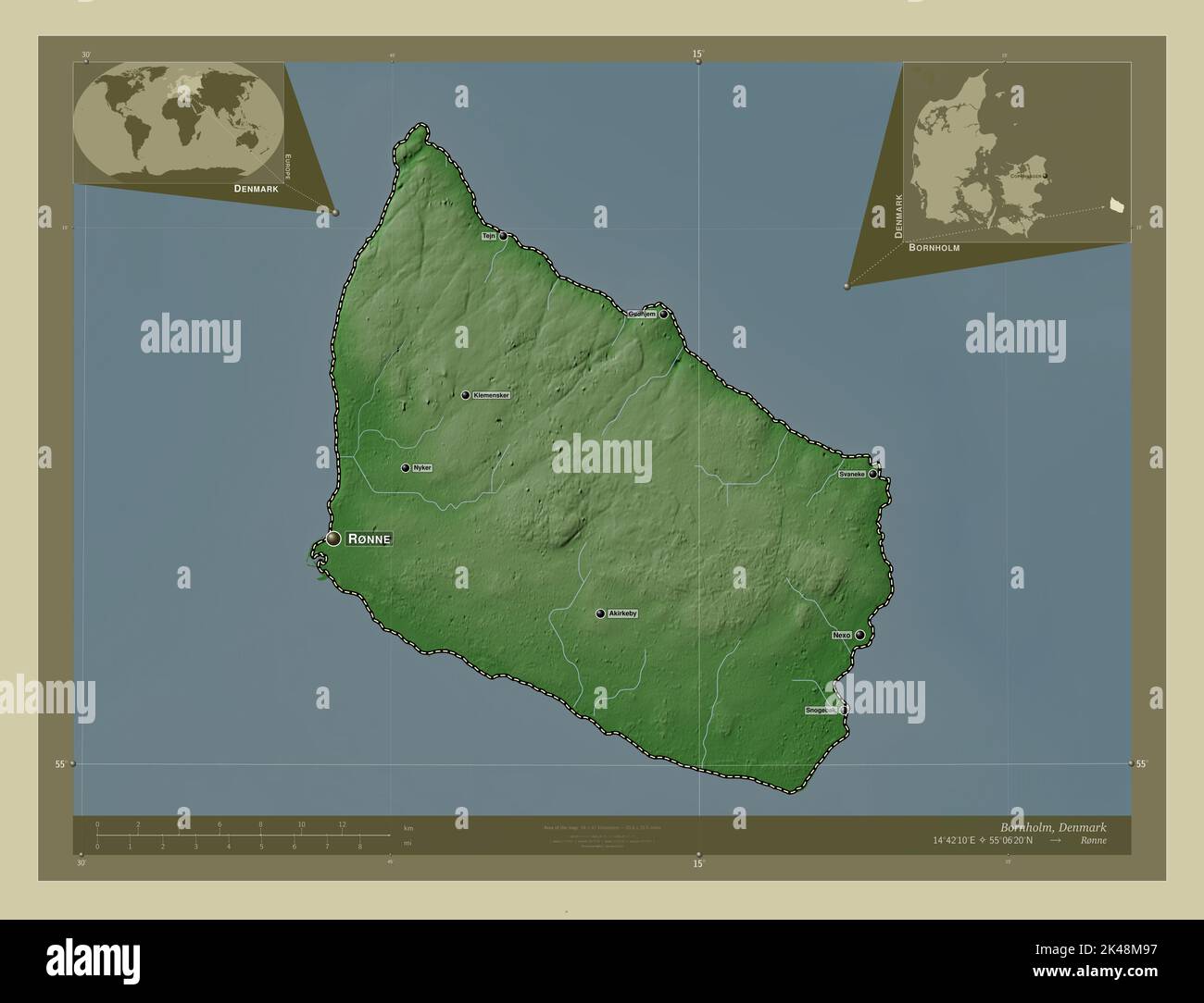 Bornholm, island of Denmark. Elevation map colored in wiki style with
