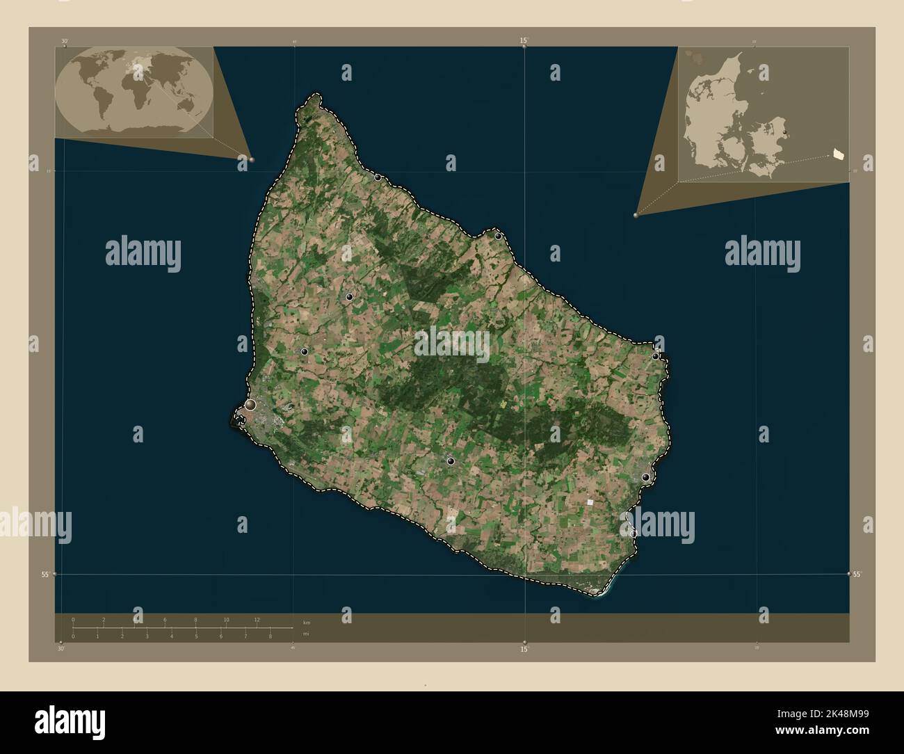 Bornholm, island of Denmark. High resolution satellite map. Locations