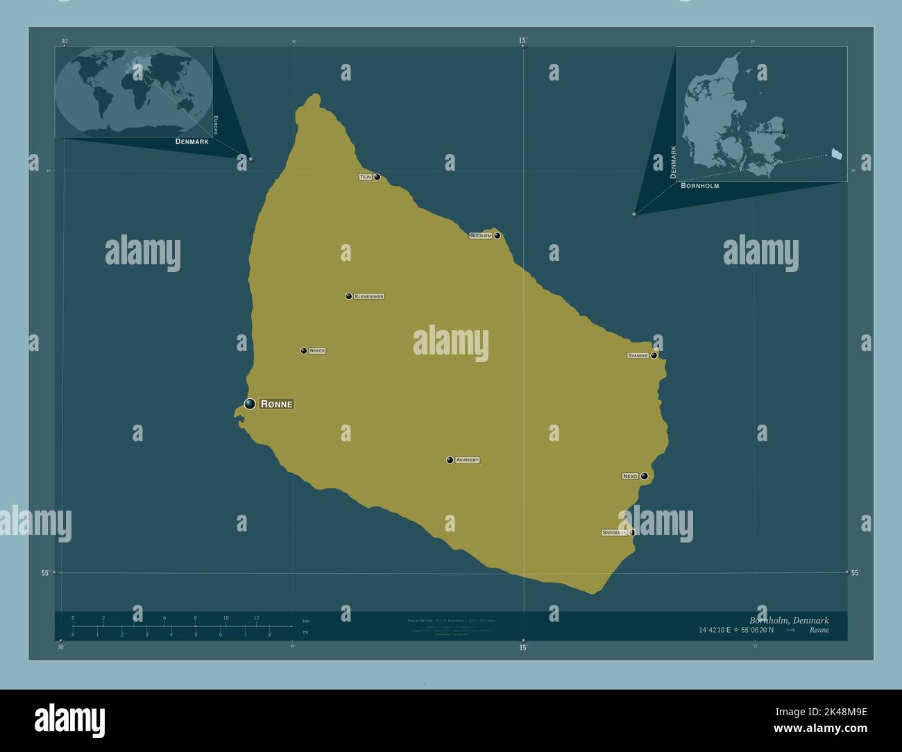 Bornholm, island of Denmark. Solid color shape. Locations and names of