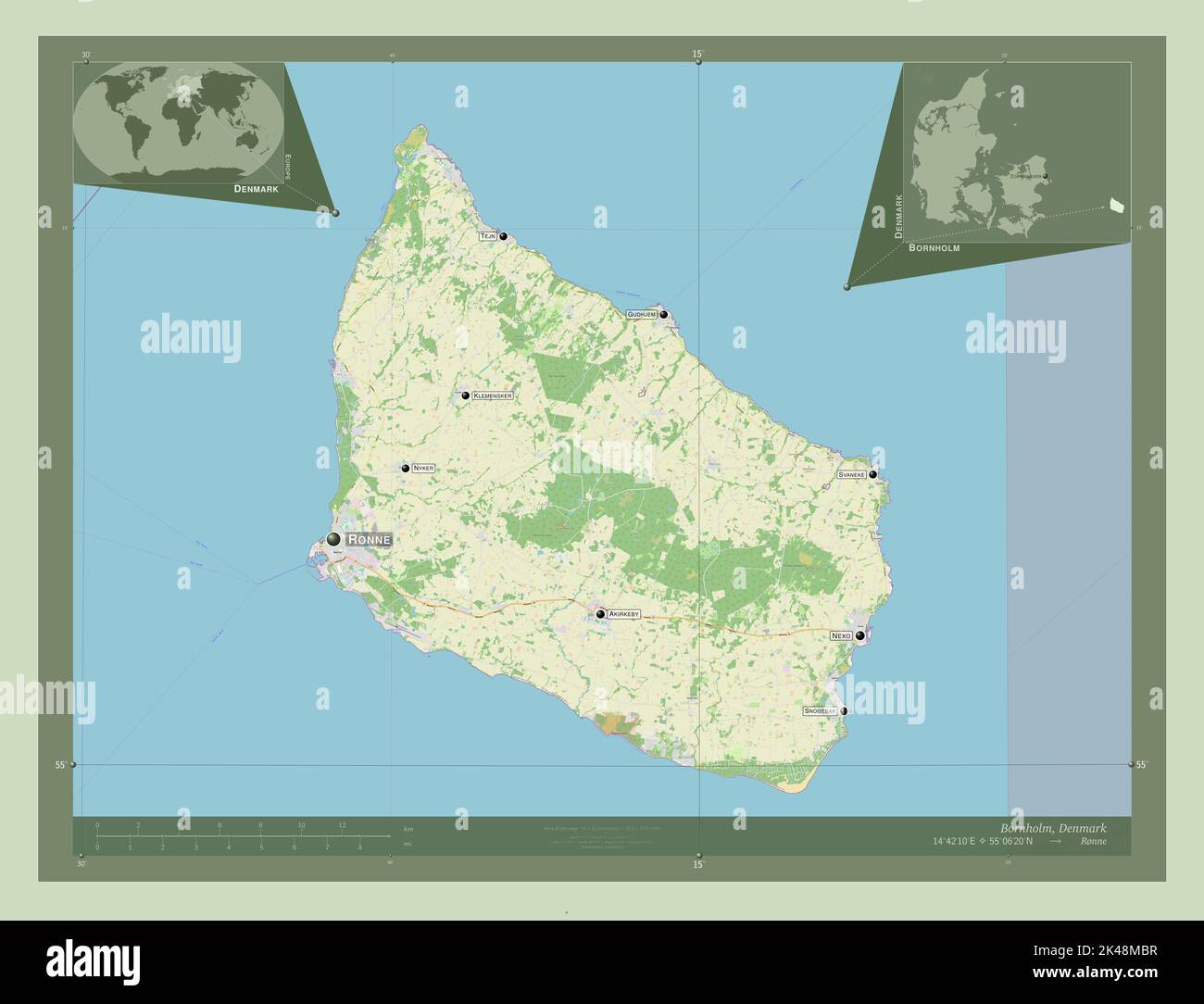 Bornholm, island of Denmark. Open Street Map. Locations and names of