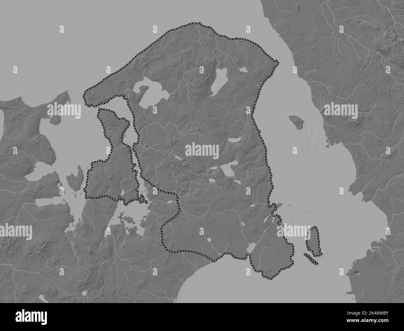 Hovedstaden, region of Denmark. Bilevel elevation map with lakes and rivers Stock Photo Alamy