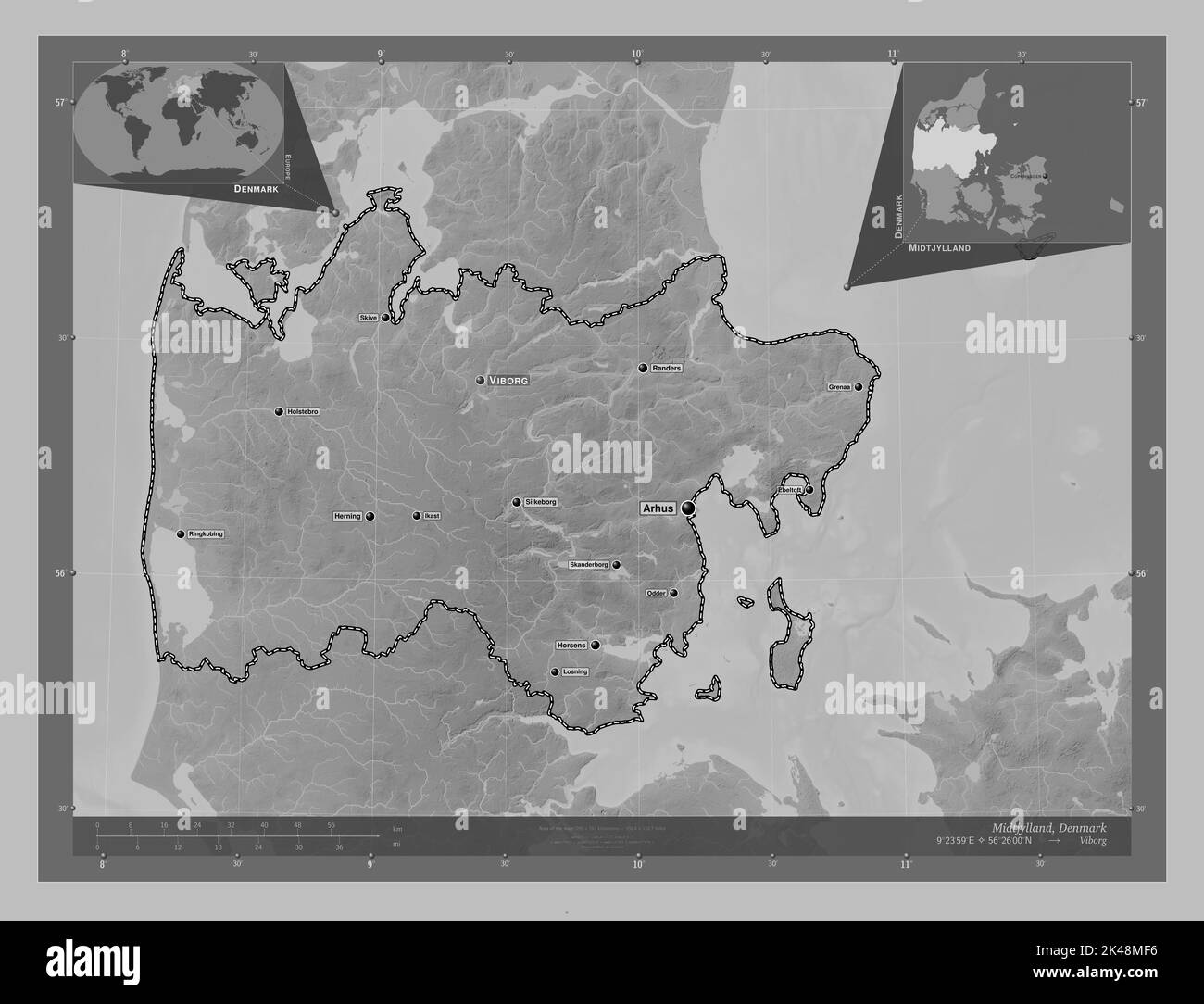 Midtjylland, region of Denmark. Grayscale elevation map with lakes and rivers. Locations and