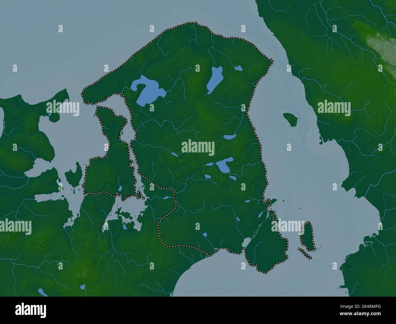 Hovedstaden, region of Denmark. Colored elevation map with lakes and