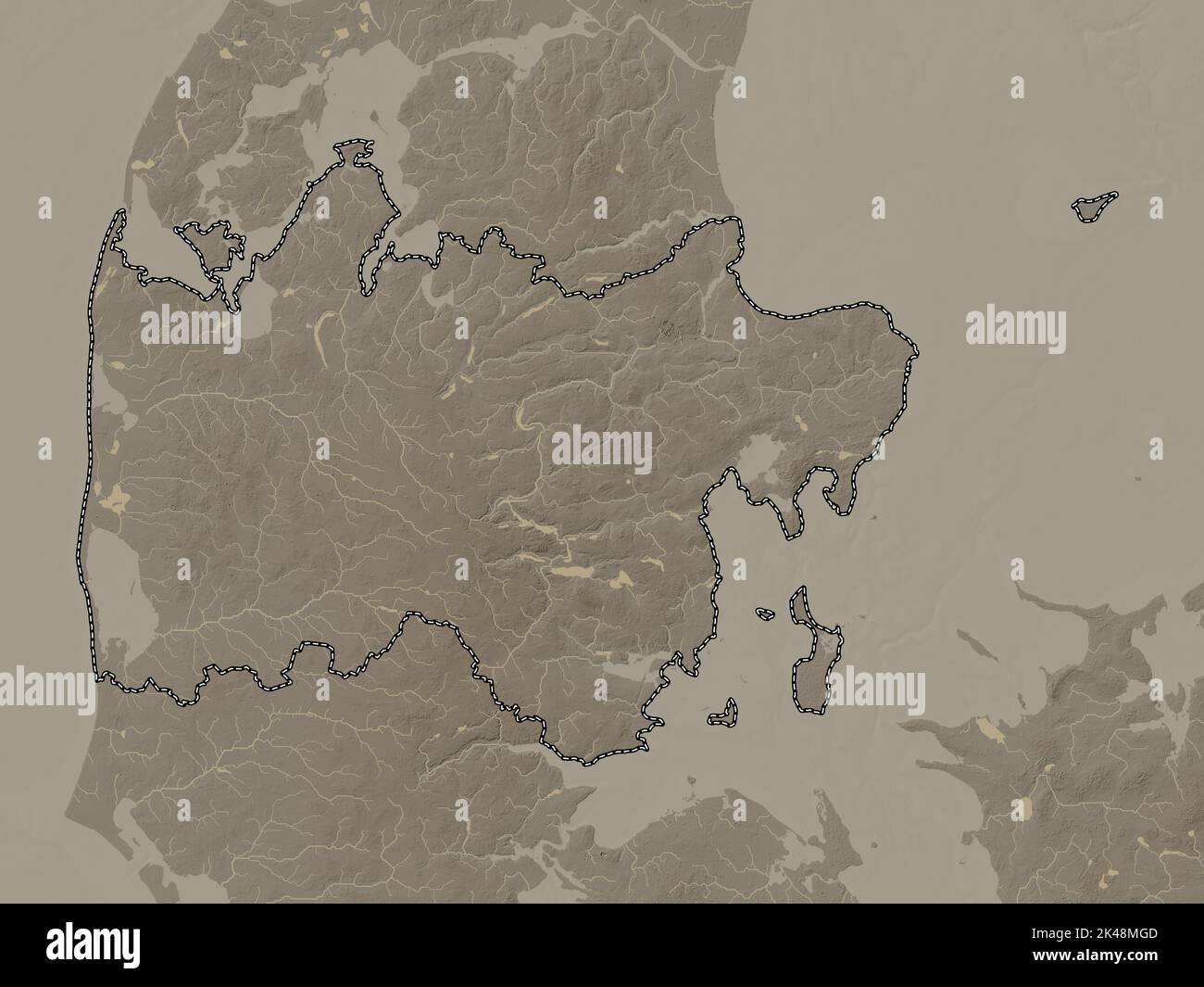Midtjylland, region of Denmark. Elevation map colored in sepia tones