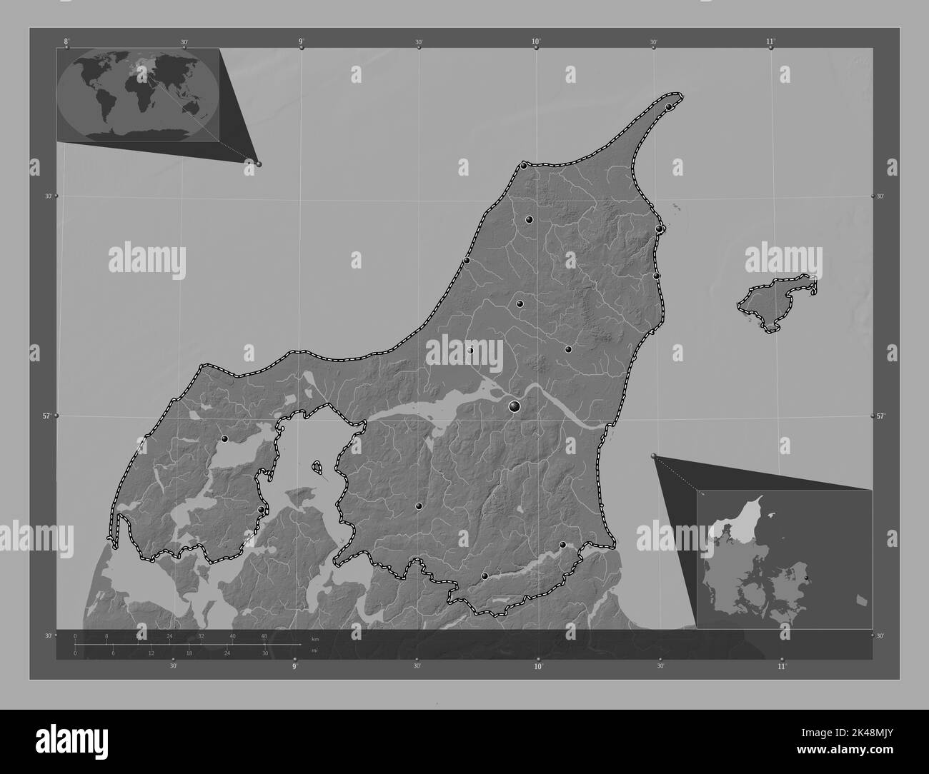 Nordjylland, region of Denmark. Bilevel elevation map with lakes and