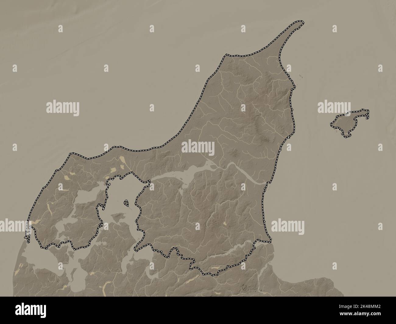 Nordjylland, region of Denmark. Elevation map colored in sepia tones
