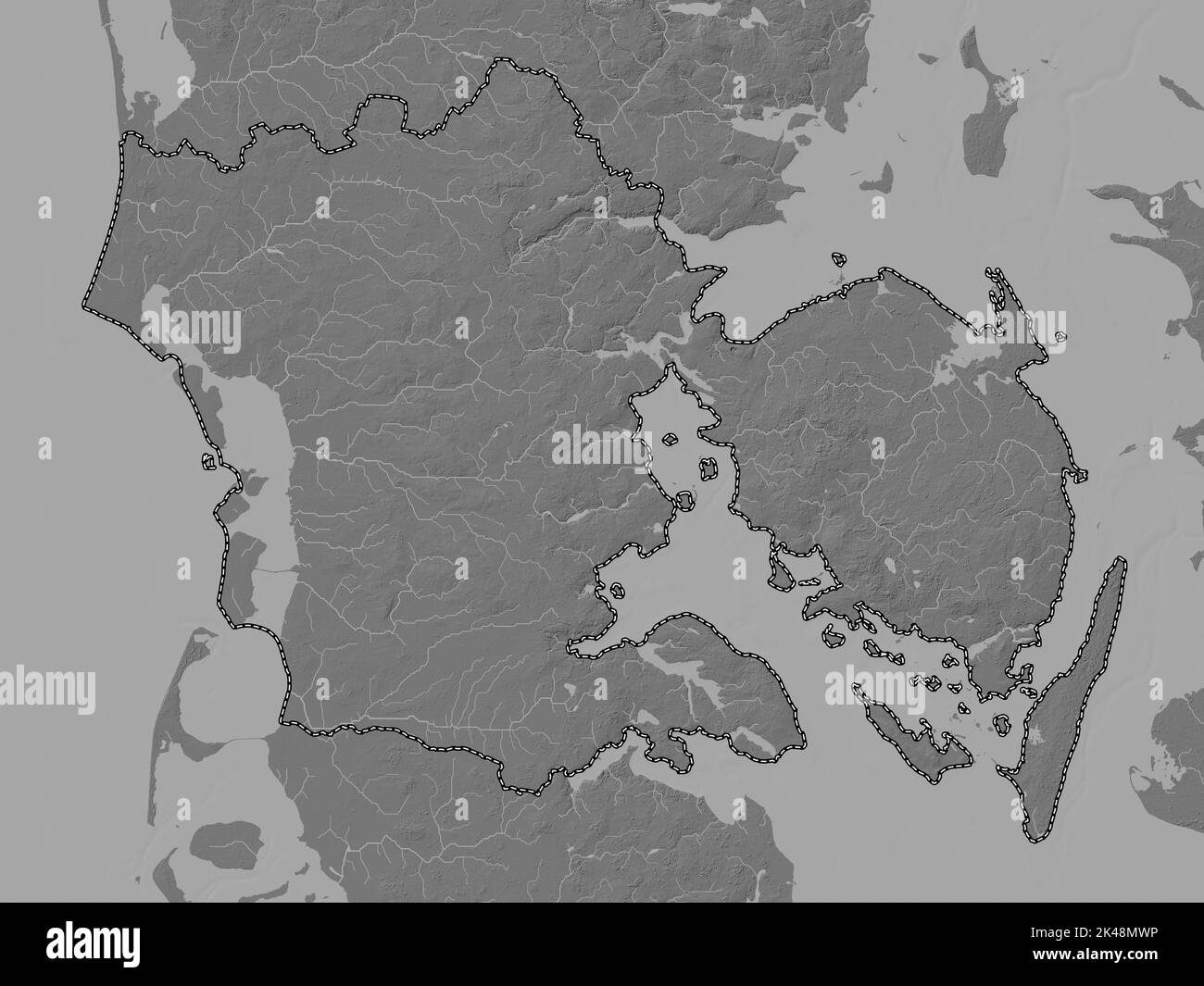 Syddanmark, region of Denmark. Bilevel elevation map with lakes and rivers Stock Photo Alamy