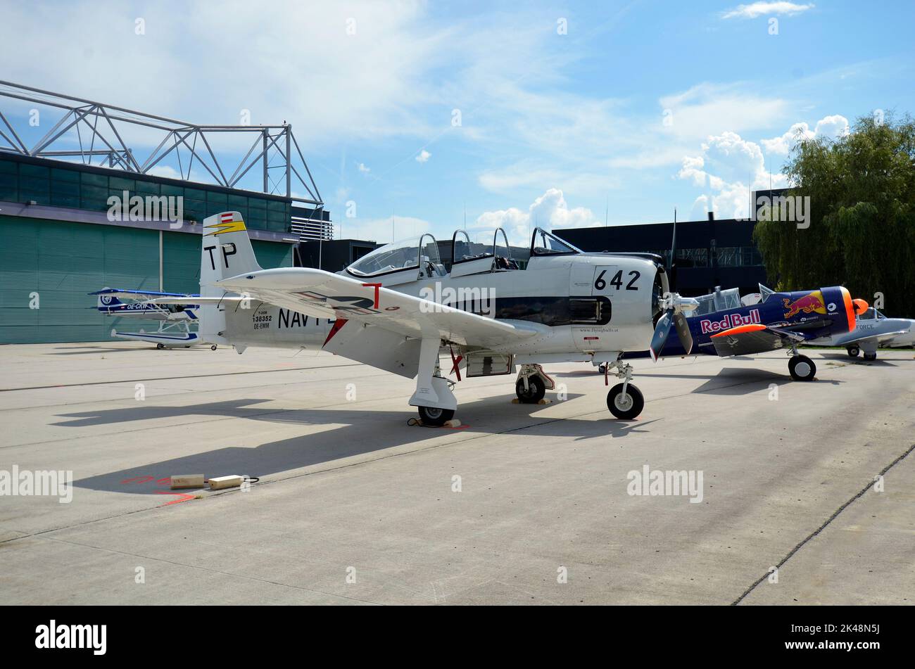 Zeltweg, Austria - September 03, 2022: Public airshow in Styria named Airpower 22, North American T28B Trojan and North American T-6 Harvard behind, a Stock Photo
