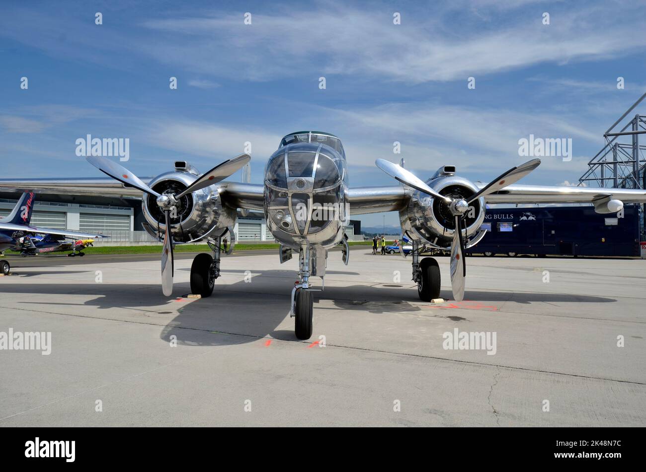 Zeltweg, Austria - September 03, 2022: Public airshow in Styria named Airpower 22, Lockheed P-38 Lightning a former WWII fighter plane Stock Photo