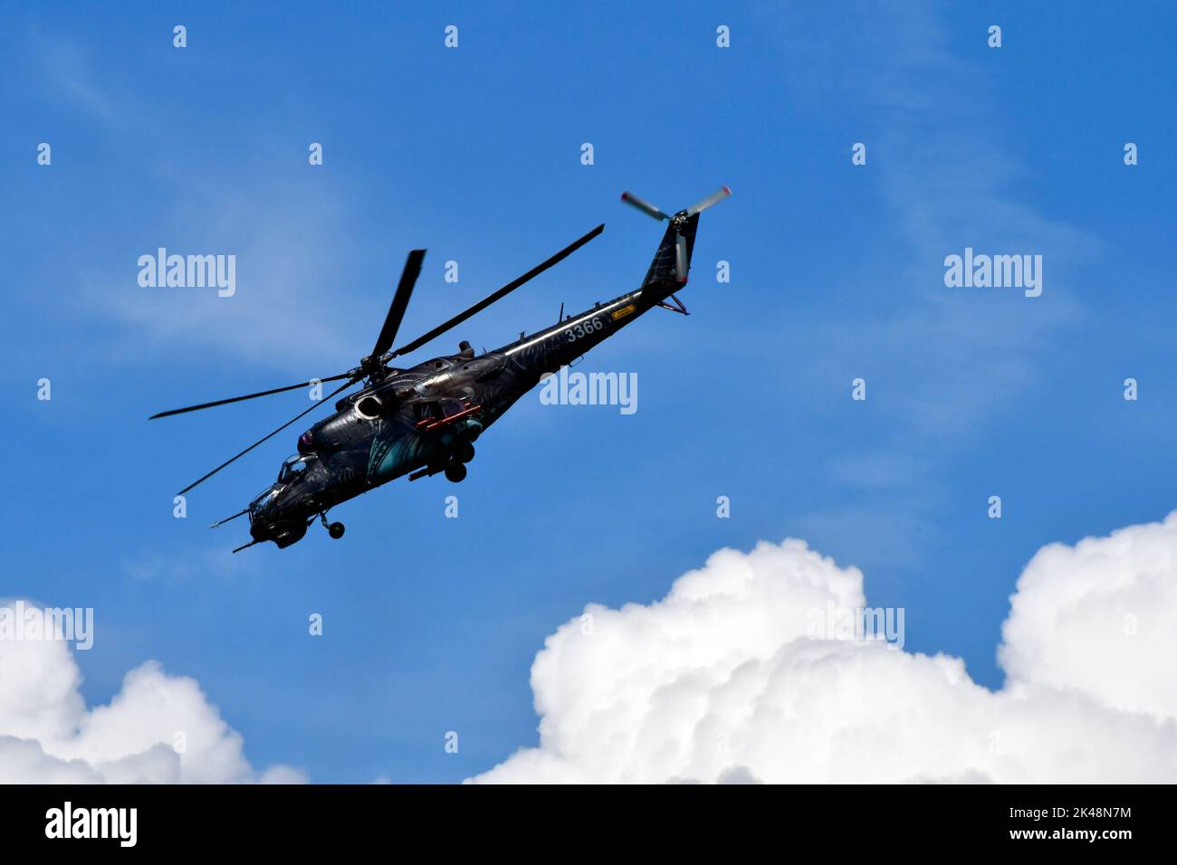 Zeltweg, Austria - September 03, 2022: Public airshow in Styria named Airpower 22, display with heavy combat helicopter MIL MI-24. NATO reporting name Stock Photo