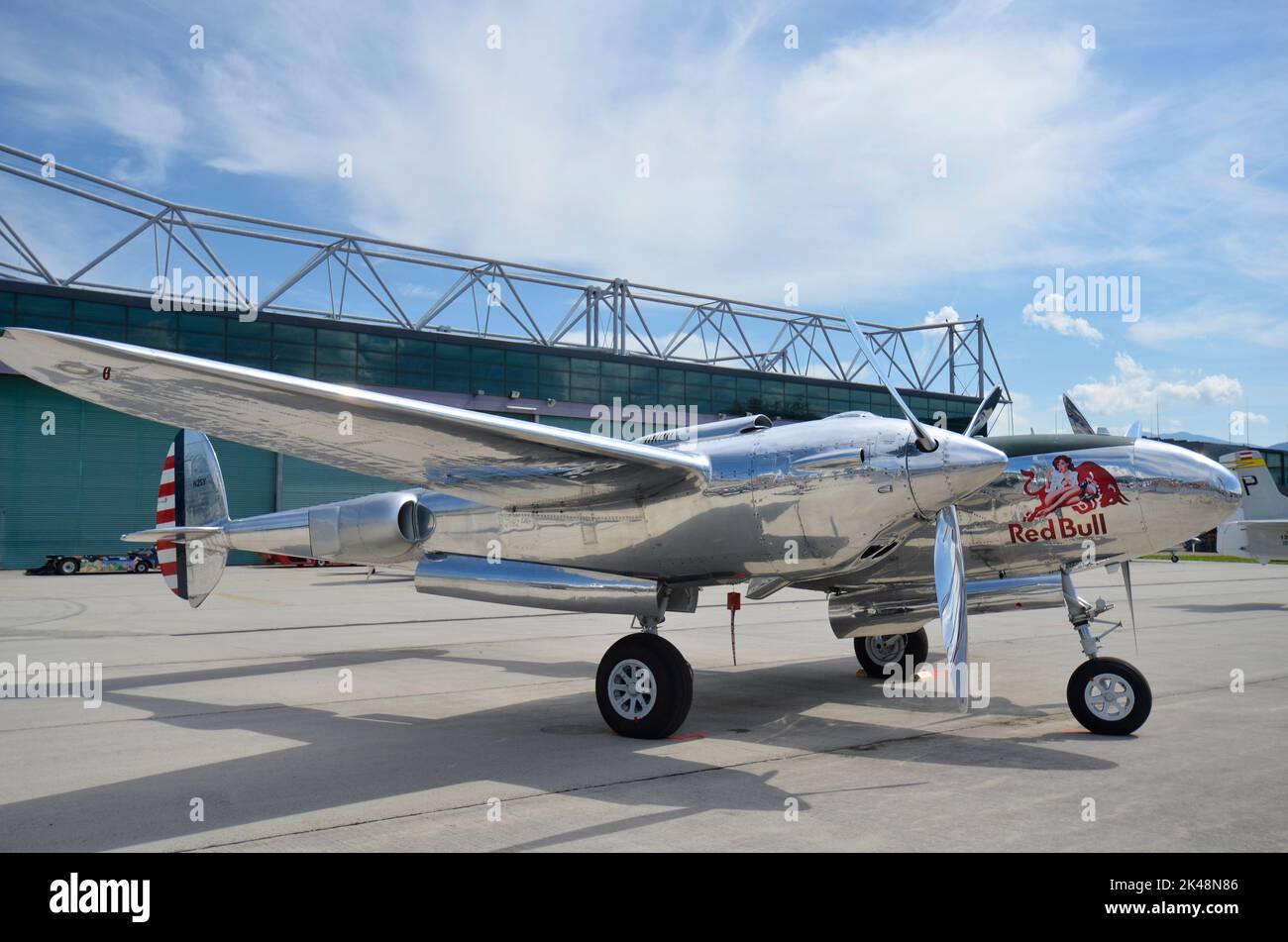 Zeltweg, Austria - September 03, 2022: Public airshow in Styria named Airpower 22, Lockheed P-38 Lightning a former WWII fighter plane Stock Photo