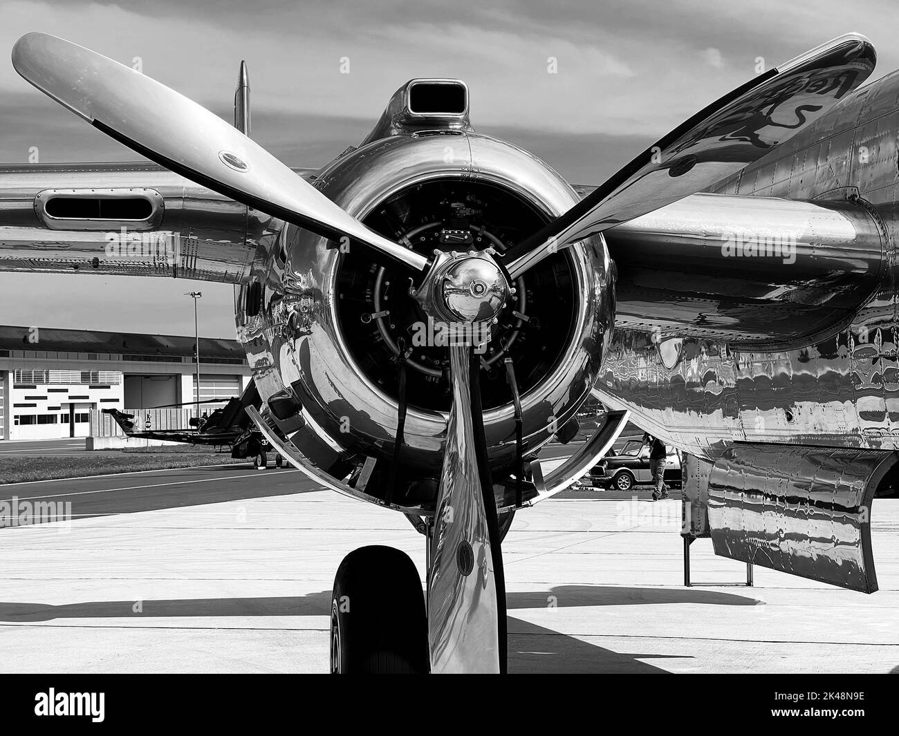 Zeltweg, Austria - September 03, 2022: Public airshow in Styria named Airpower 22, detail with engine of a Lockheed P-38 Lightning a WWII fighter plan Stock Photo