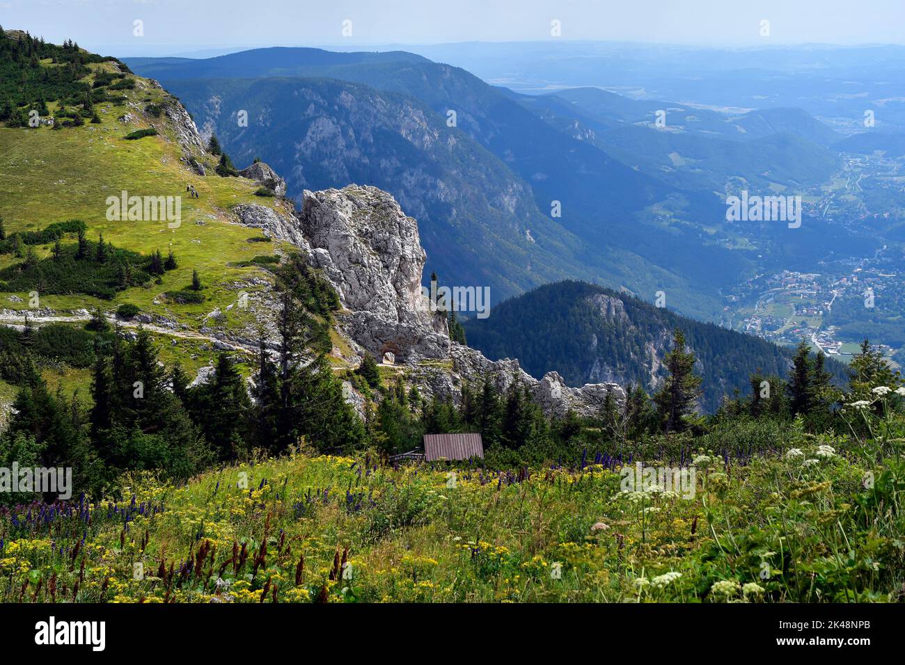 Austria, Rax mountain in Lower Austria, footpath through rock window named Devils Hole aka Teufelslucken in german Stock Photo