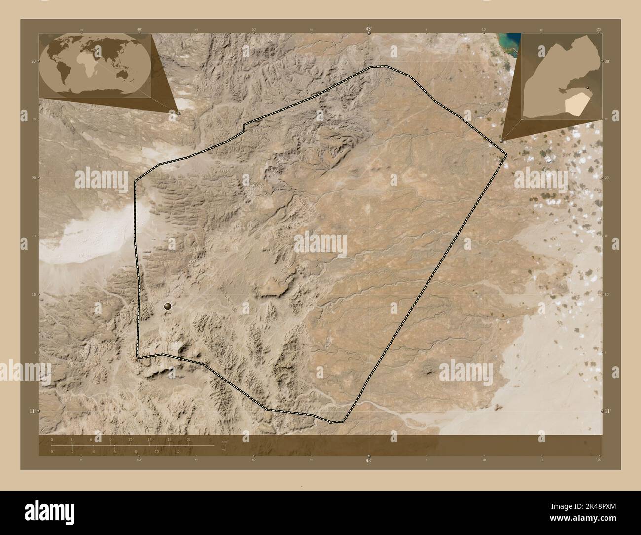 Ali Sabieh, region of Djibouti. Low resolution satellite map. Corner