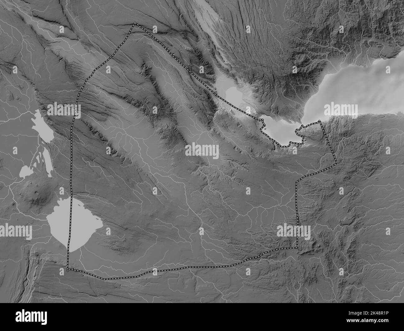 Dikhil, region of Djibouti. Grayscale elevation map with lakes and rivers Stock Photo