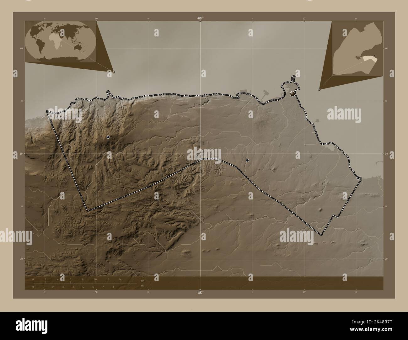 Djibouti, city of Djibouti. Elevation map colored in sepia tones with