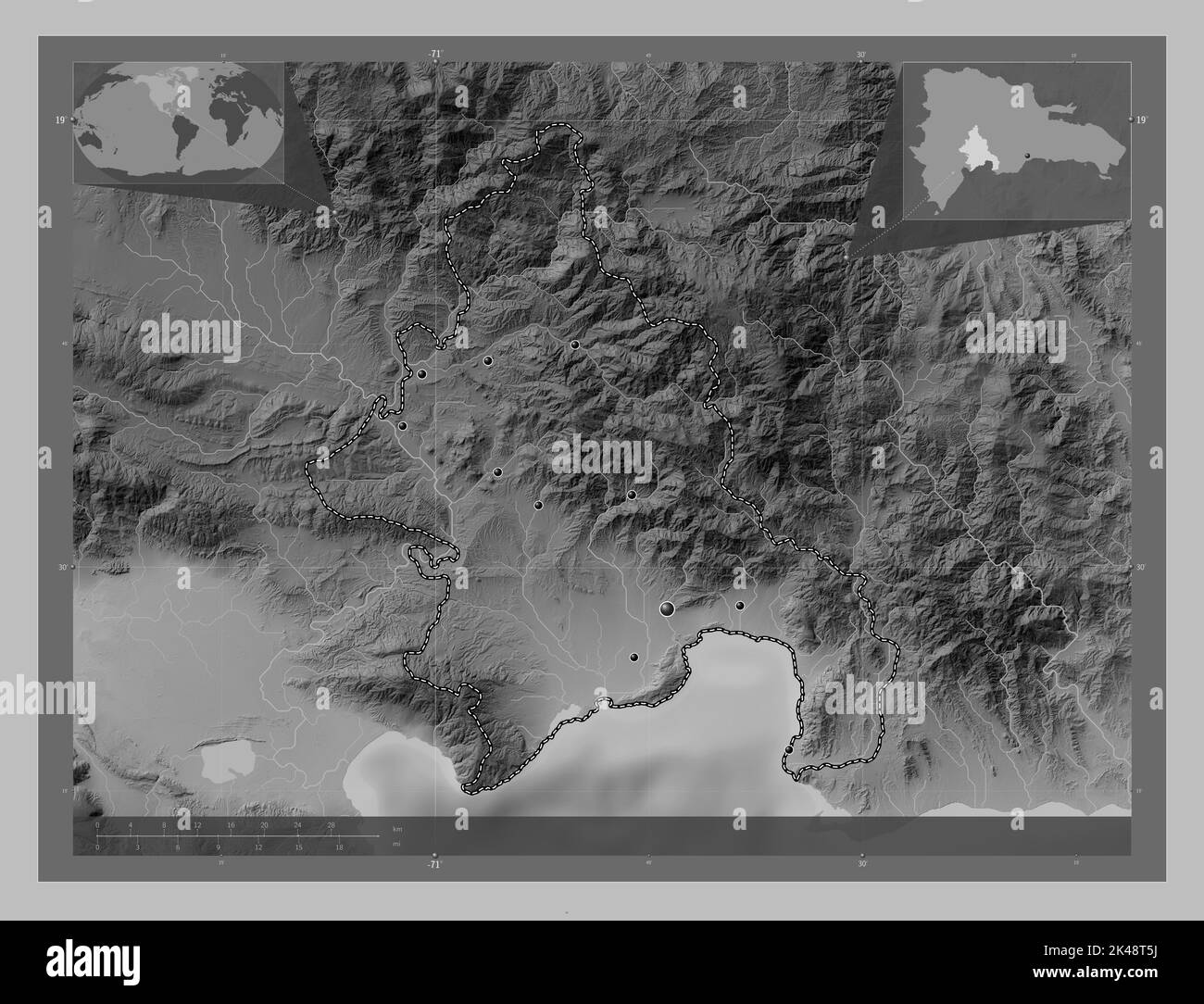 Azua, province of Dominican Republic. Grayscale elevation map with lakes and rivers. Locations of major cities of the region. Corner auxiliary locatio Stock Photo