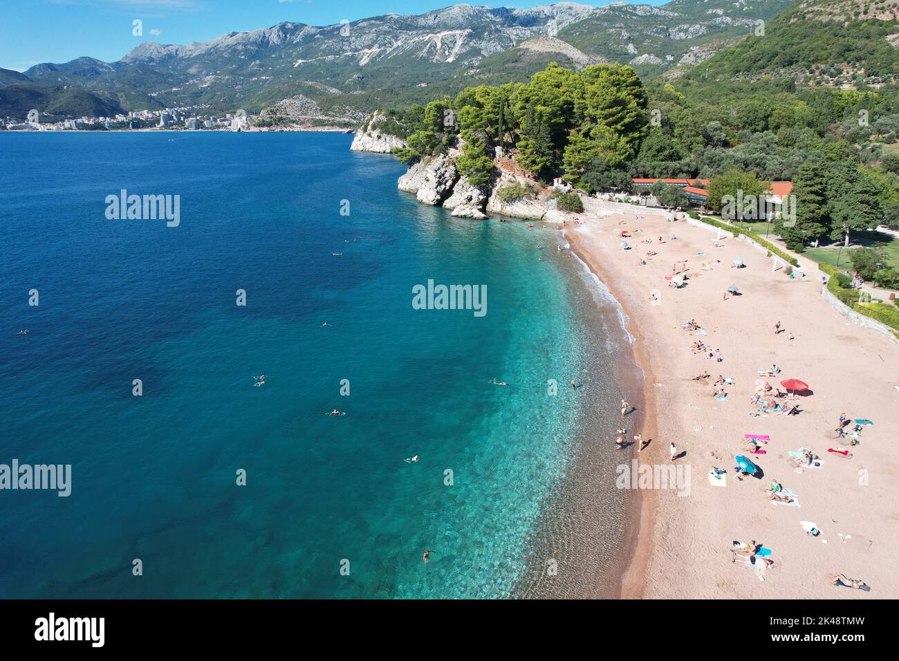 Sveti Stefan, Monetenegro. Drone View. Stock Photo