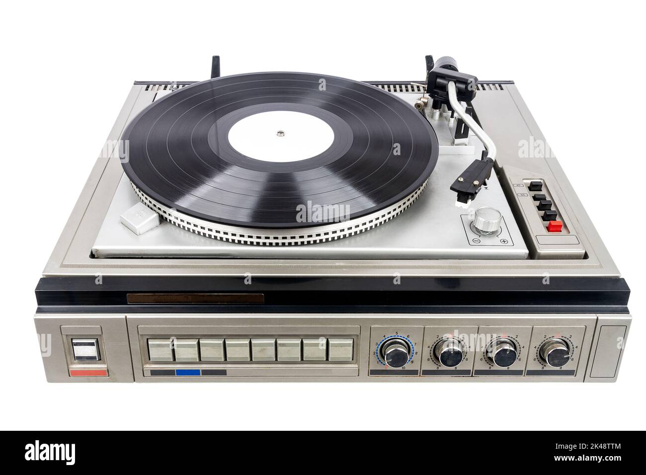 Vintage turntable record player with black vinyl isolated on white ...