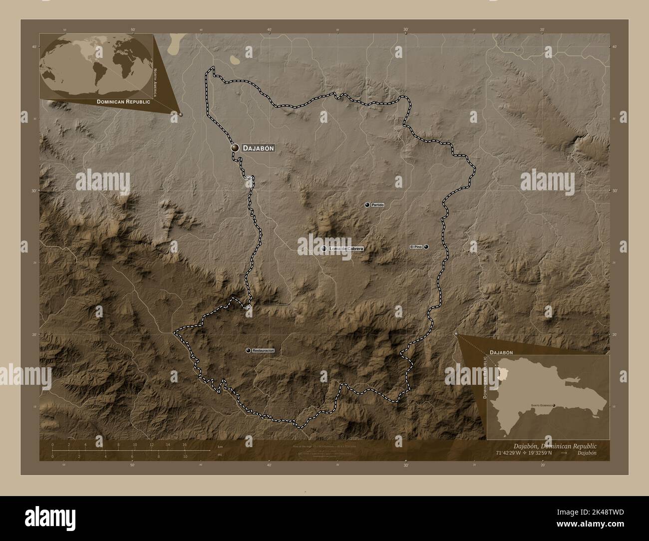 Dajabon, province of Dominican Republic. Elevation map colored in sepia