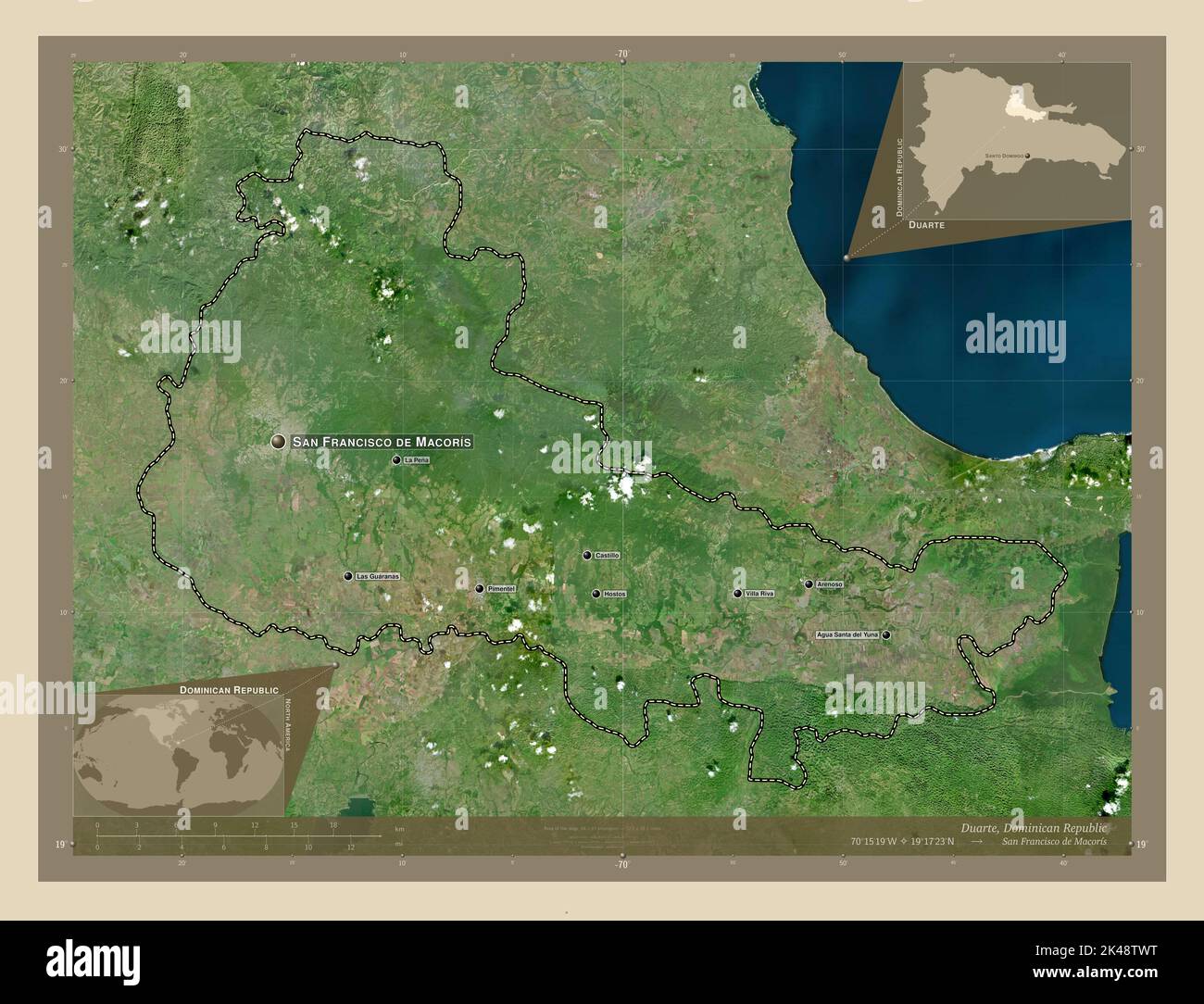 Duarte, province of Dominican Republic. High resolution satellite map