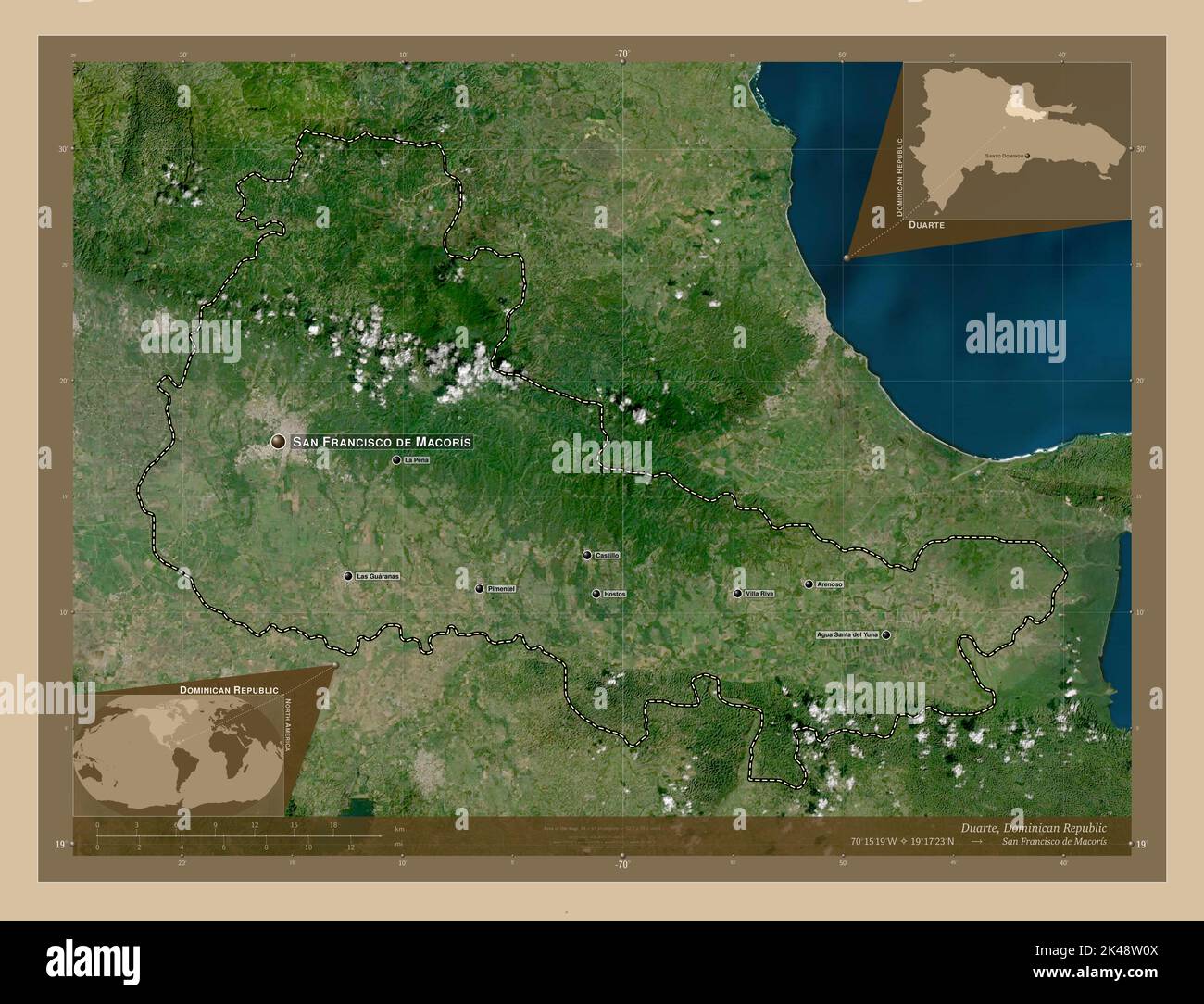 Duarte, province of Dominican Republic. Low resolution satellite map