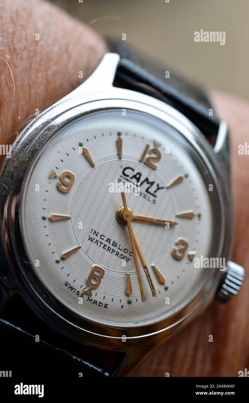 vintage camy swiss 21 jewel mechanical manual wind wristwatch Stock Photo