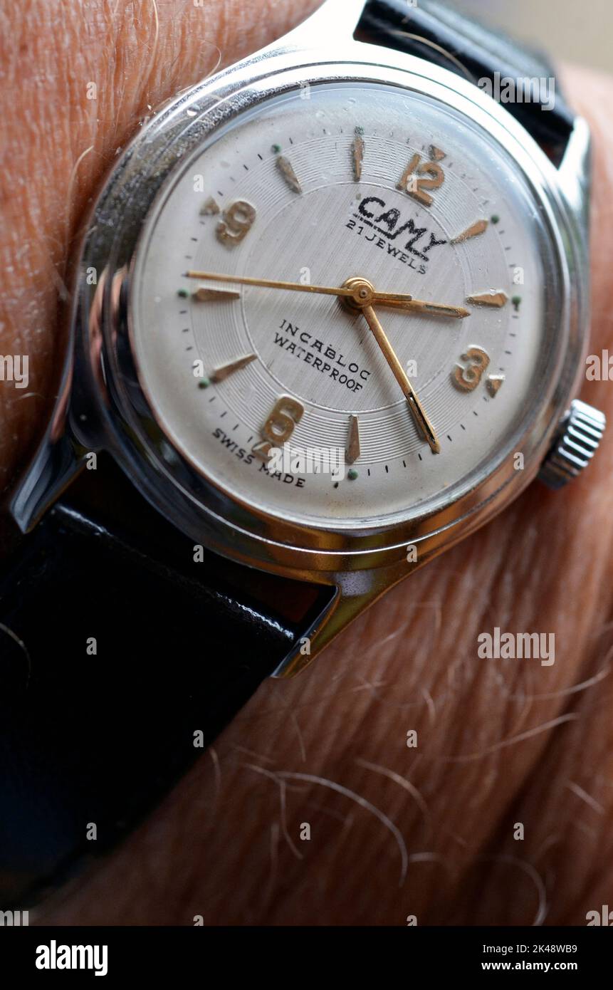 vintage swiss camy mechanical 21 jewel manual  wind wristwatch Stock Photo