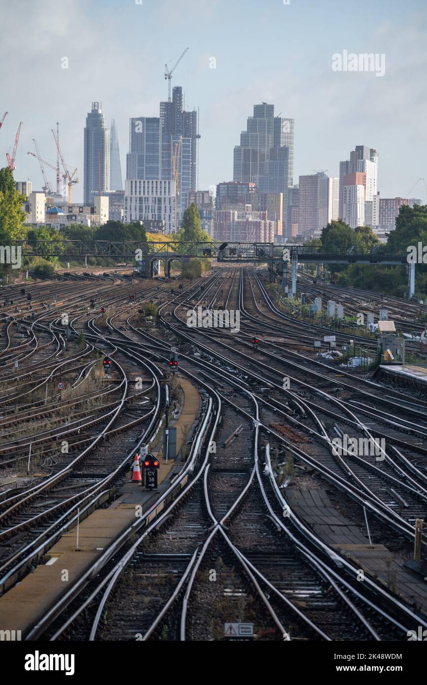 London UK. 1 October 2022 . Interesting railway  tracks at Clapham Junction normally  as few  trains are running during a rail strike lasting two days. Thousands of train drivers from ASLEF , RMT , TSSA trade unions walkout in the biggest rail strike in the UK for decades in a dispute over pay and pensions. Credit: amer ghazzal/Alamy Live News. Stock Photo