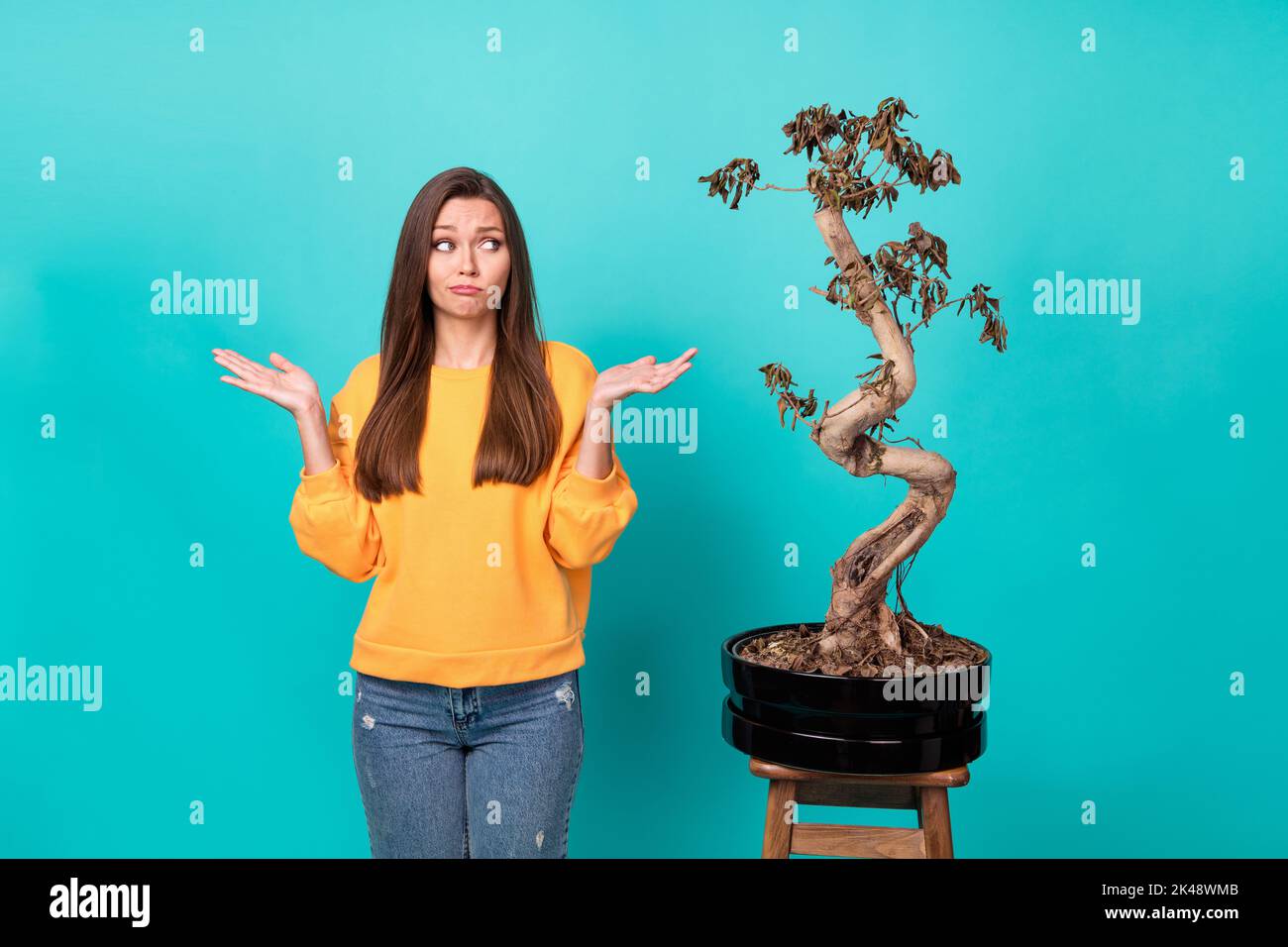 Photo of frustrated lady not know answer why flower pot die isolated on