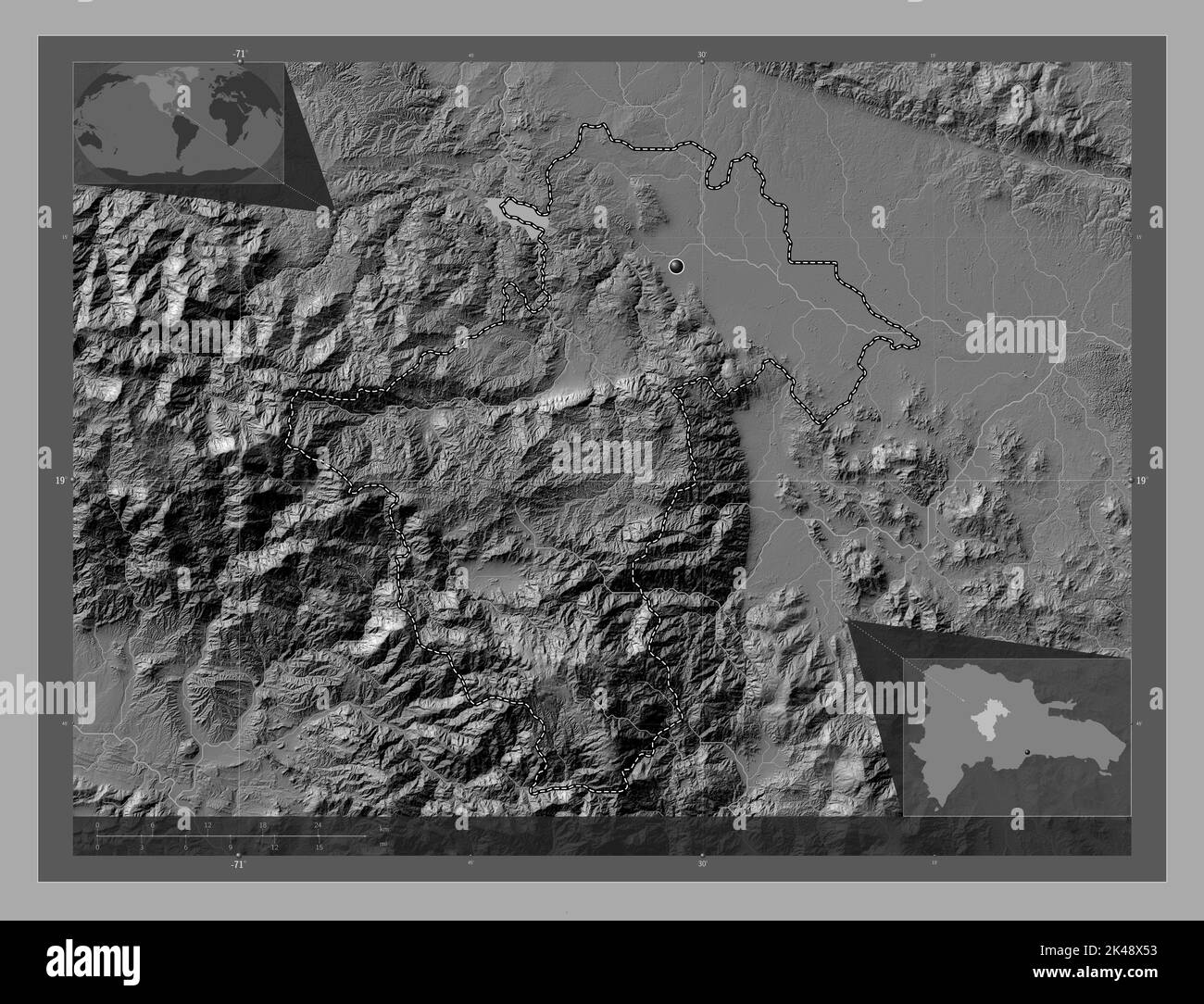 La Vega, province of Dominican Republic. Bilevel elevation map with