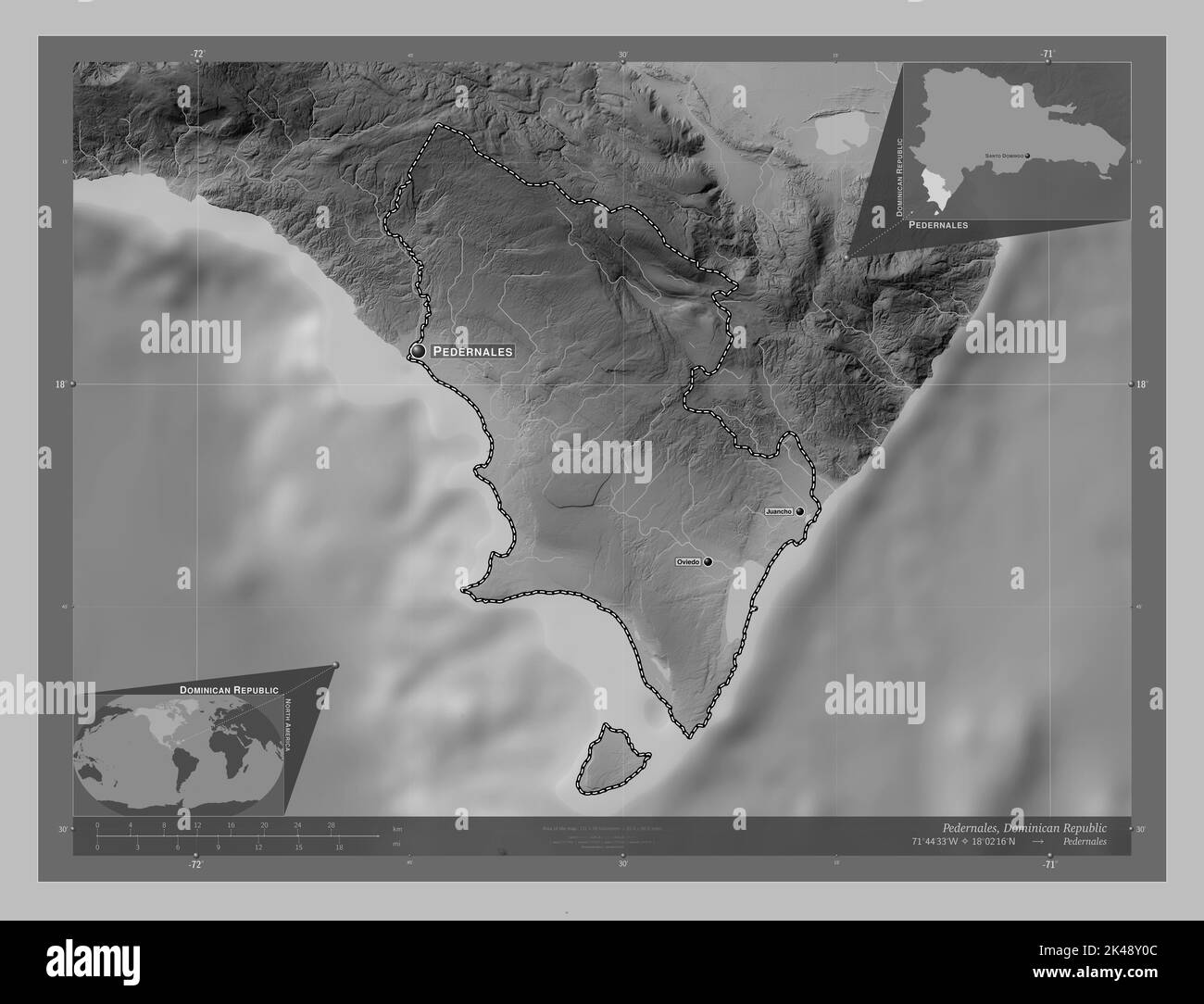 Pedernales, province of Dominican Republic. Grayscale elevation map