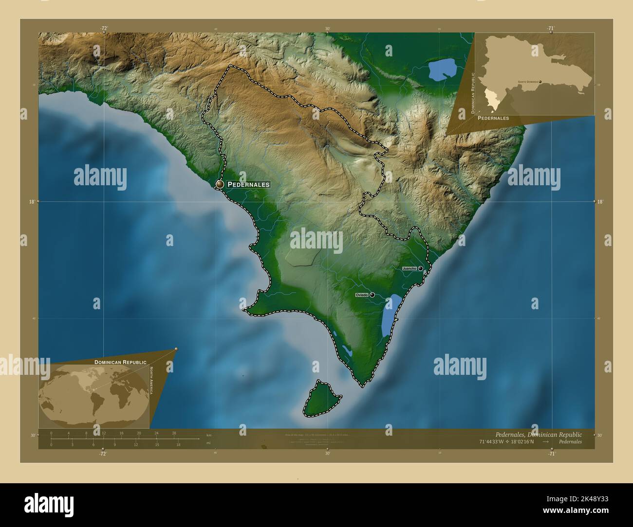 Pedernales, province of Dominican Republic. Colored elevation map with