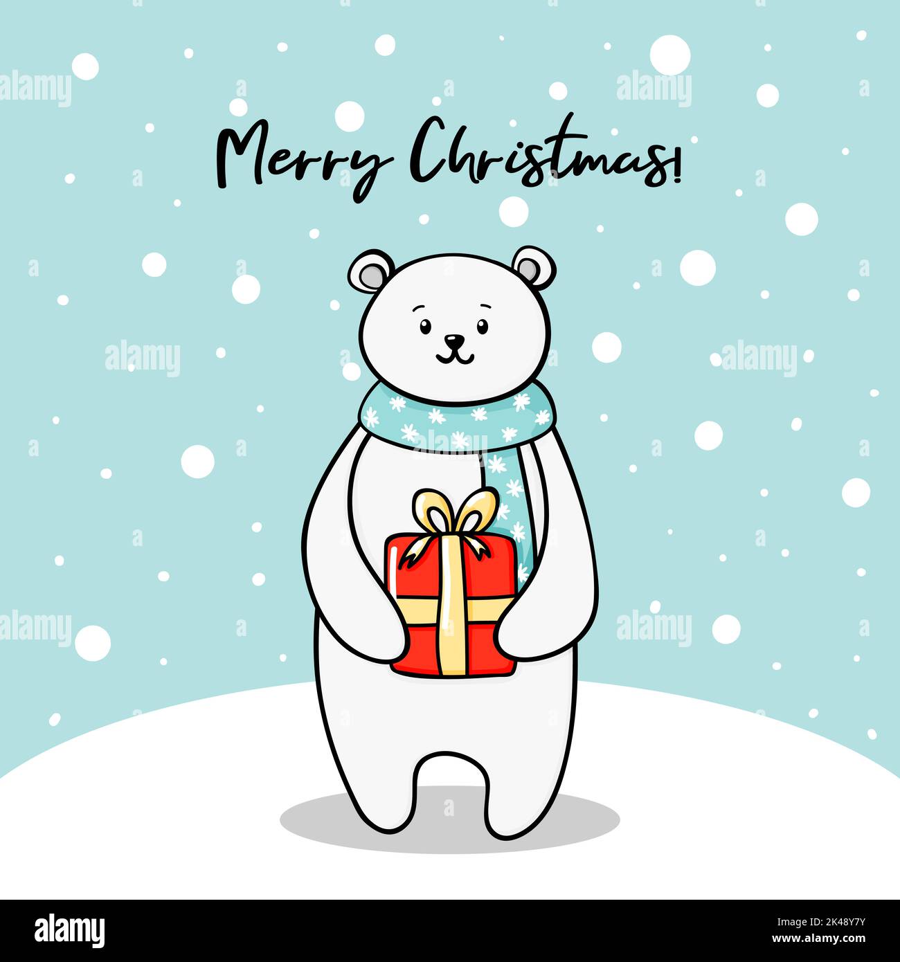 Polar bear with a Christmas gift. New year kids card with a cute white bear and snow in doodle style Stock Vector