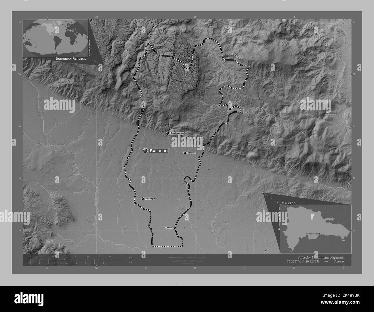 Salcedo, province of Dominican Republic. Grayscale elevation map with ...