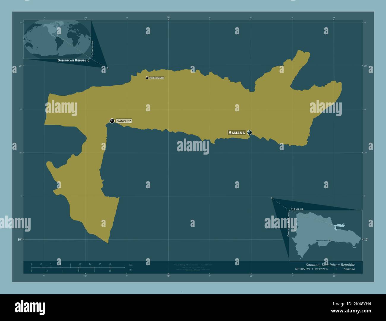 Samana, province of Dominican Republic. Solid color shape. Locations and names of major cities