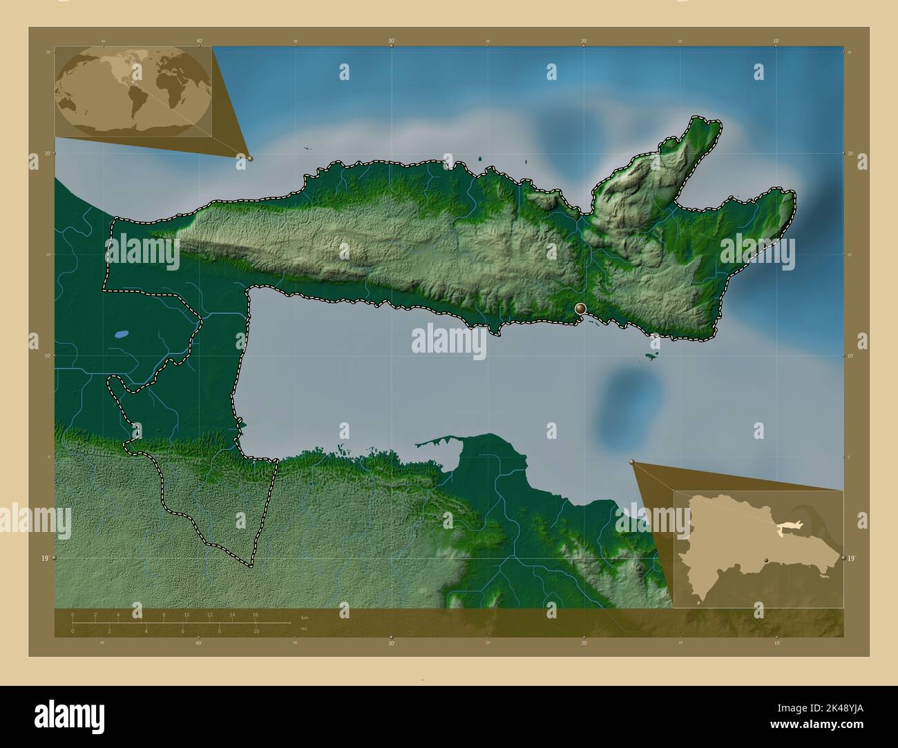 Samana, province of Dominican Republic. Colored elevation map with lakes and rivers. Corner