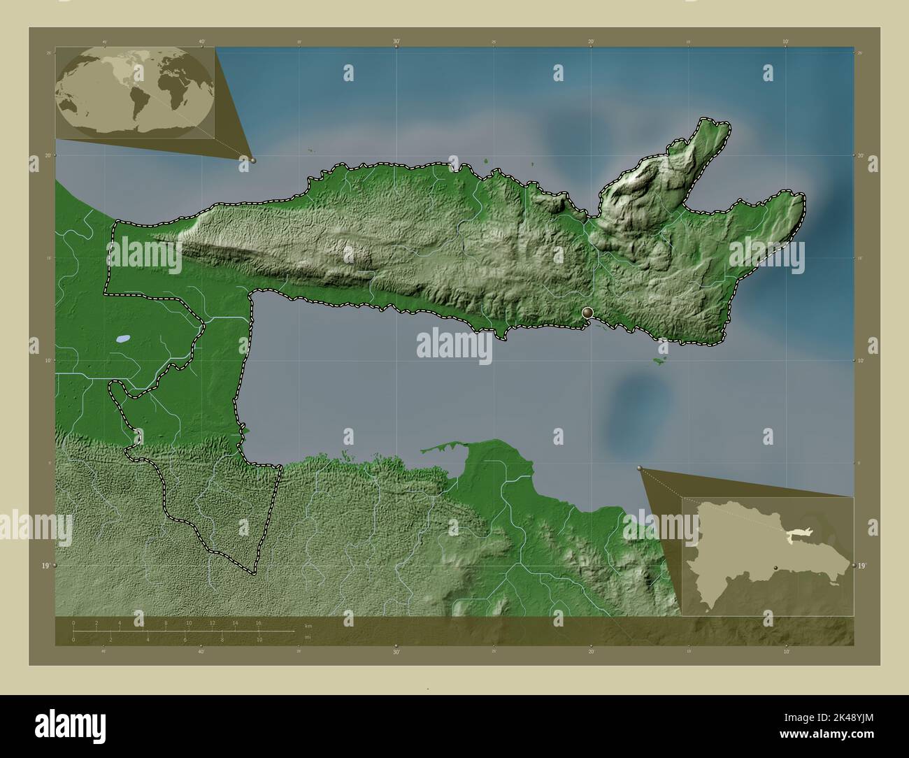 Samana, province of Dominican Republic. Elevation map colored in wiki style with lakes and