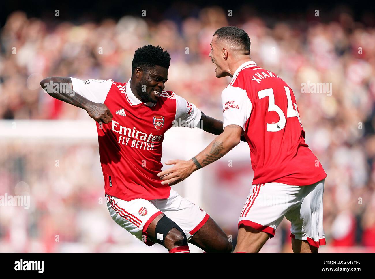 Arsenal's Thomas Partey celebrates scoring their side's first goal of the game with team-mate Granit Xhaka during the Premier League match at the Emirates Stadium, London. Picture date: Saturday October 1, 2022. Stock Photo