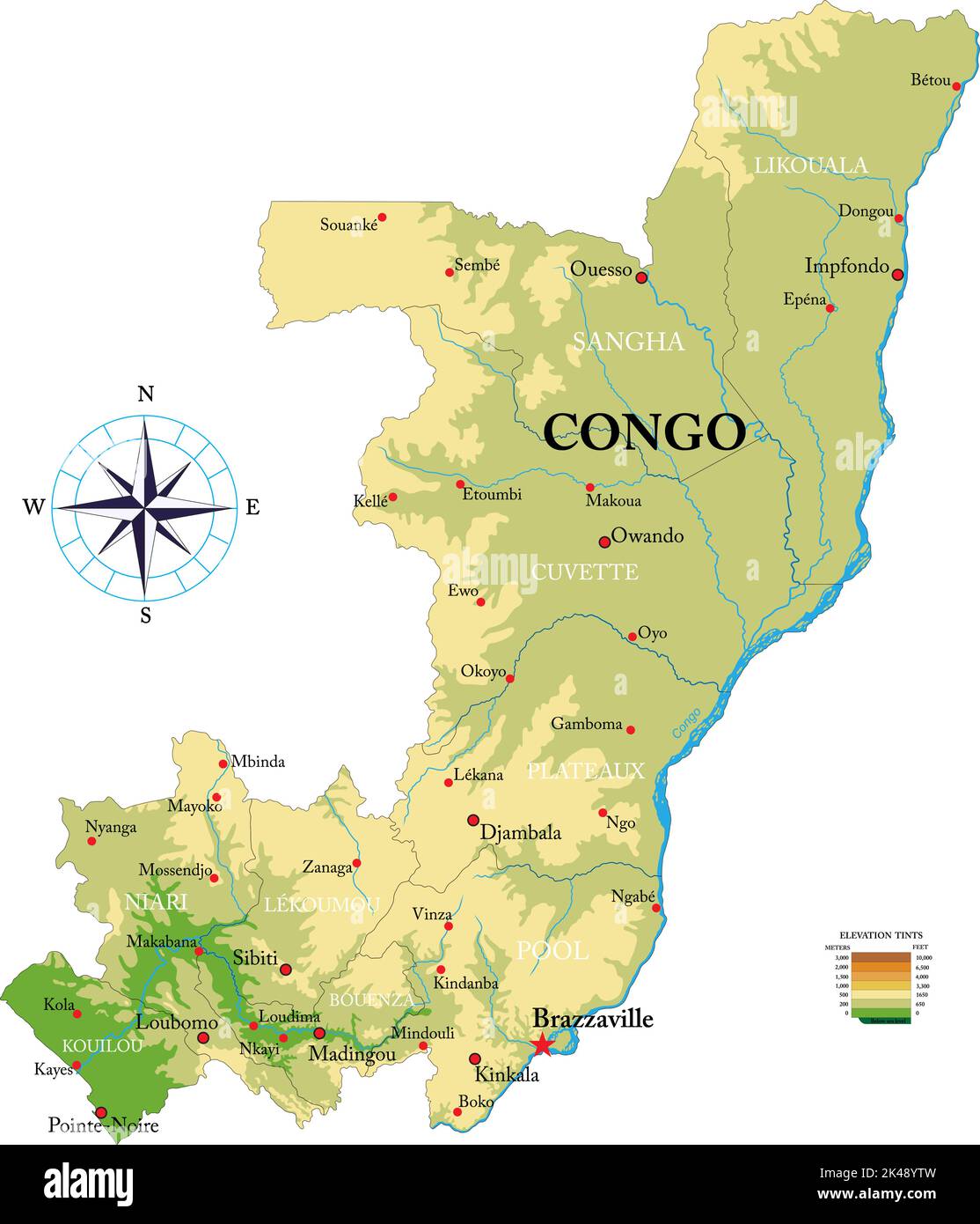 Highly detailed physical map of Congo Republic in vector format,with all the relief forms,regions and big cities. Stock Vector