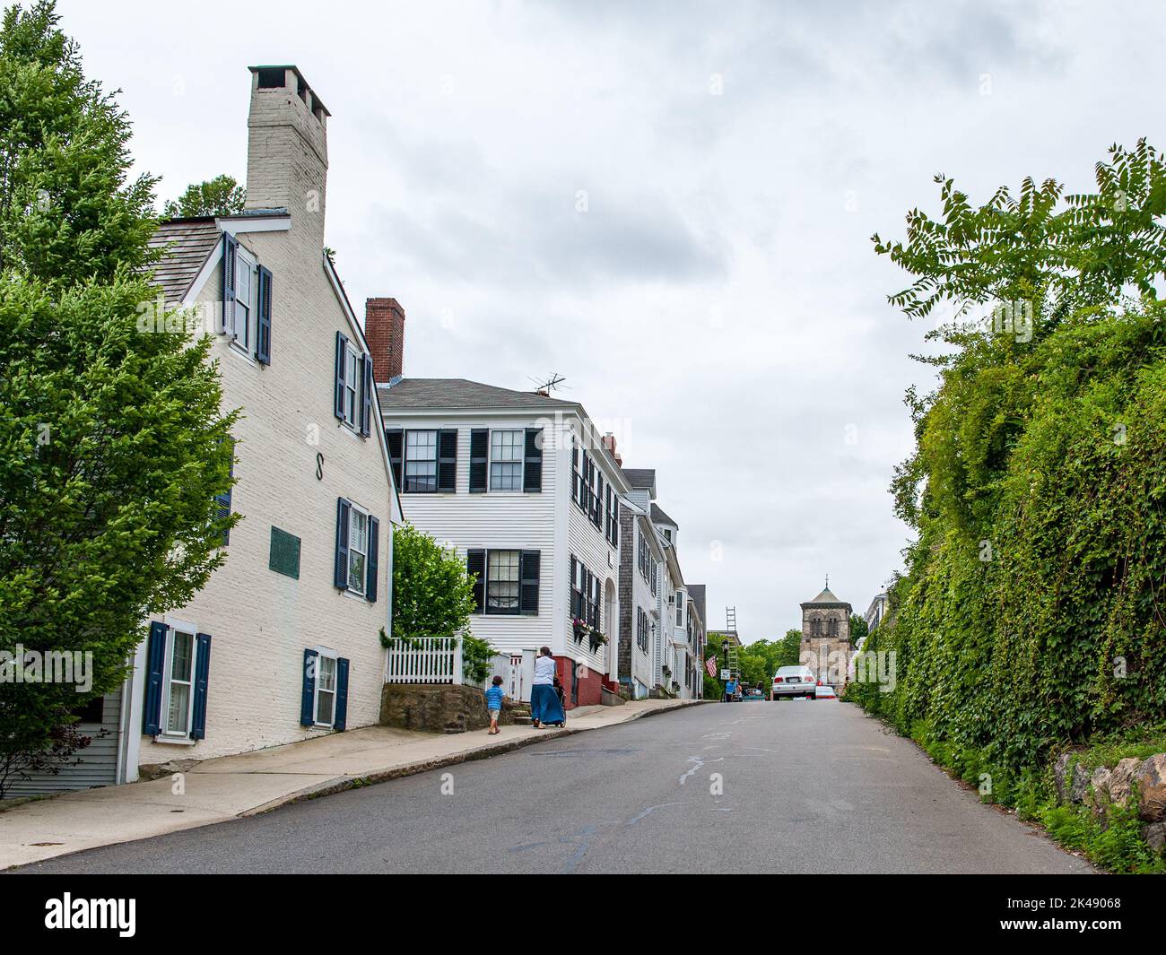 Historic Leyden Street in Plymouth, MA was created by the Pilgrims in 1620. Stock Photo