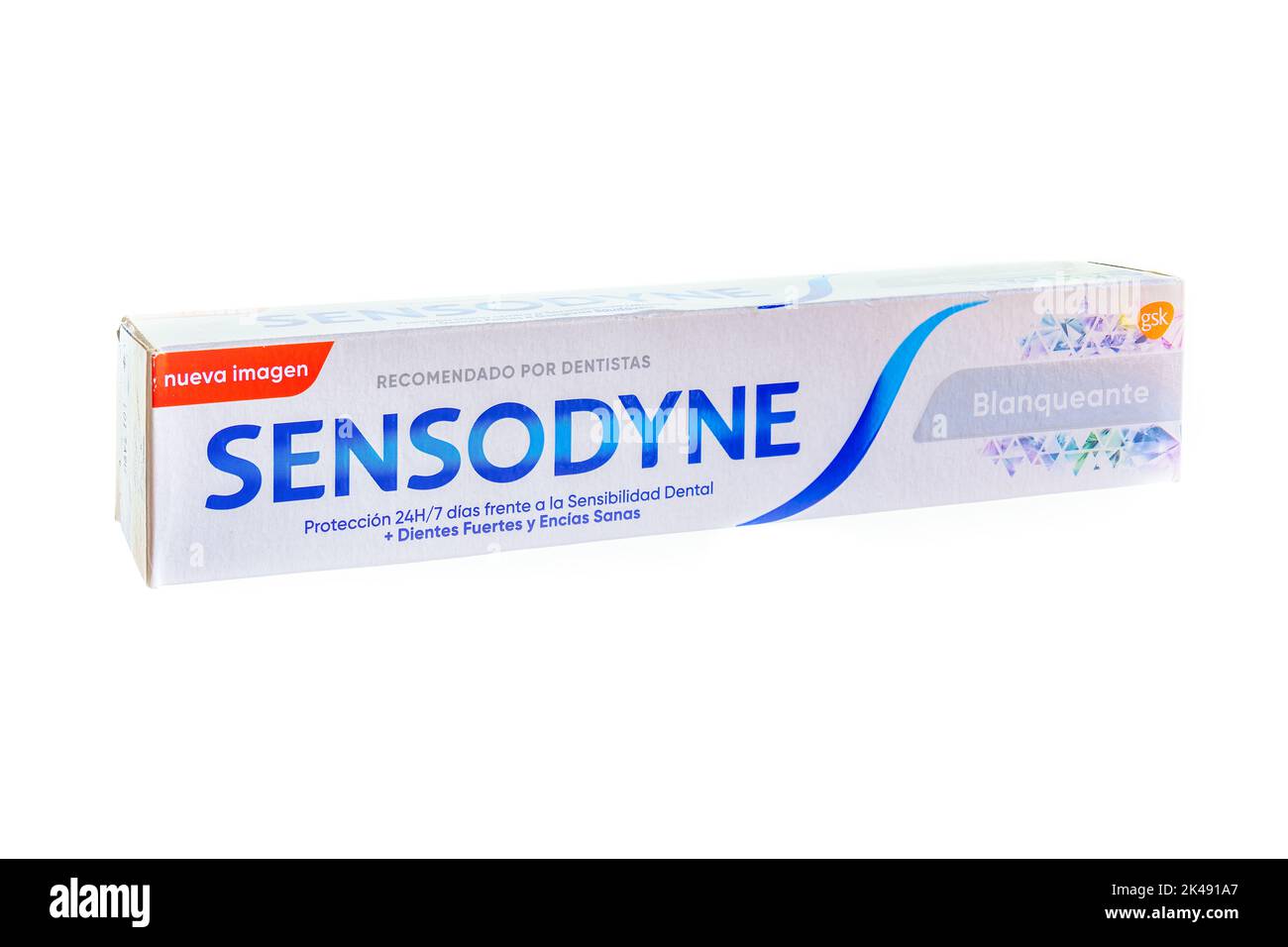 Huelva, Spain - October 1, 2022: Sensodyne whitening toothpaste, Sensodyne is a brand of toothpaste and toothbrush specialized in dental hypersensitiv Stock Photo