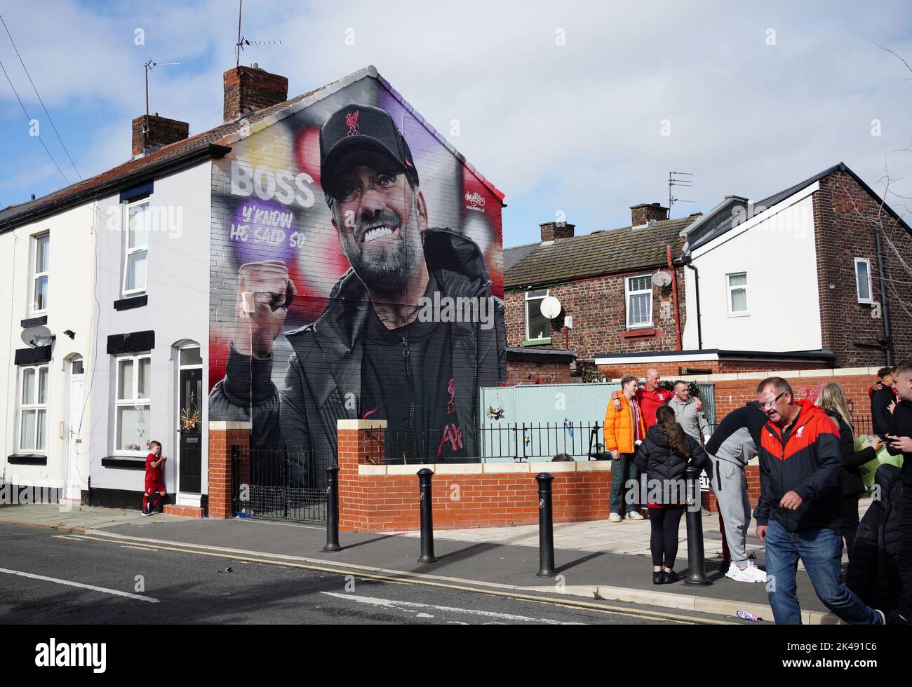 A view of the tribute mural of Liverpool manager Jurgen Klopp by BOSS Night and MurWalls on Randolph Street near the stadium before the Premier League match at Anfield, Liverpool. Picture date: Saturday October 1, 2022. Stock Photo