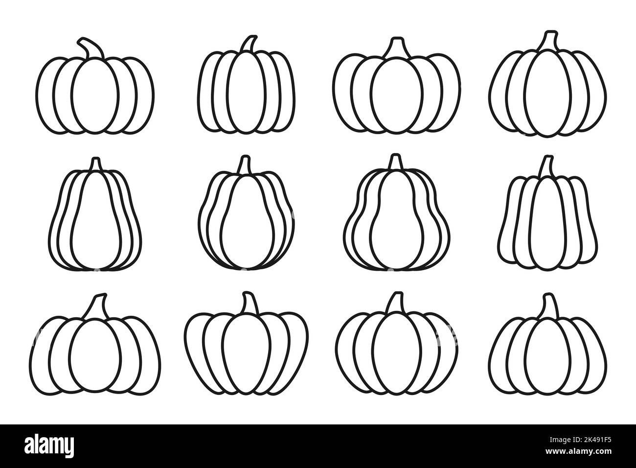 Pumpkins black line icons set. Halloween outline sign kit. Thanksgiving pictogram collection farm harvest closeup squash vegetable. Simple pumpkin cartoon contour coloring book page isolated on white Stock Vector