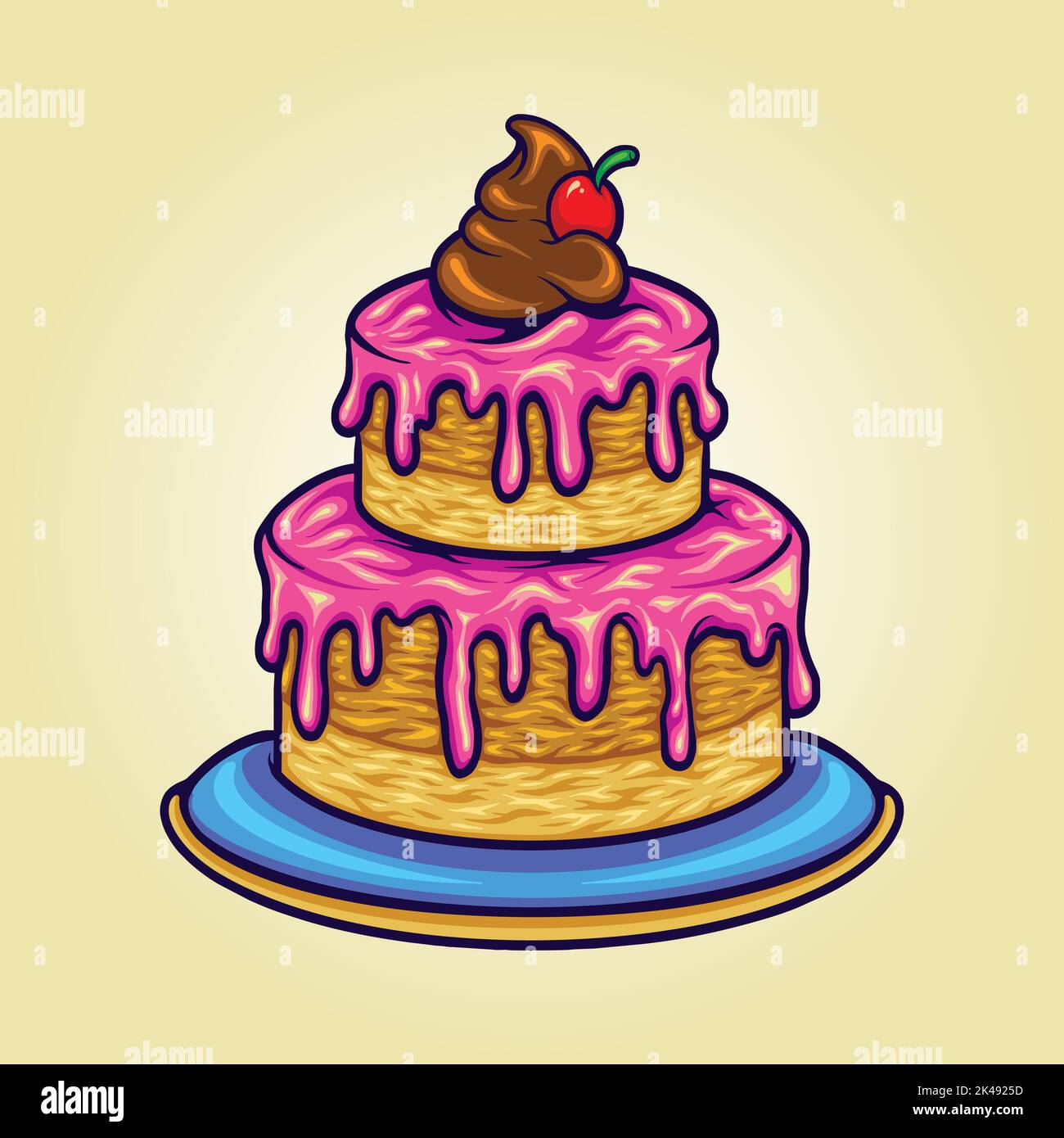 Delicious strawberry birthday cherry cake cartoon illustration vector ...