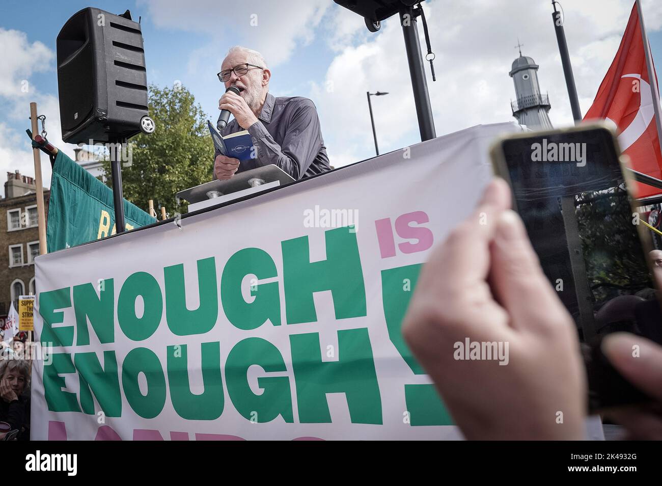 London, UK. 1st October, 2022. Jeremy Corbyn speaks at Enough is Enough trade union protest and rally outside Kings Cross station. Credit: Guy Corbishley/Alamy Live News Stock Photo