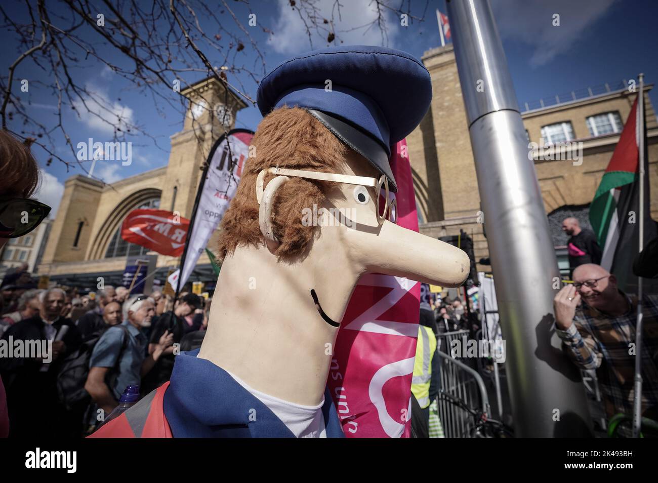 London, UK. 1st October, 2022. Striking postmen, dressed as Postman Pat join Enough is Enough trade union protest and rally outside Kings Cross station. Credit: Guy Corbishley/Alamy Live News Stock Photo